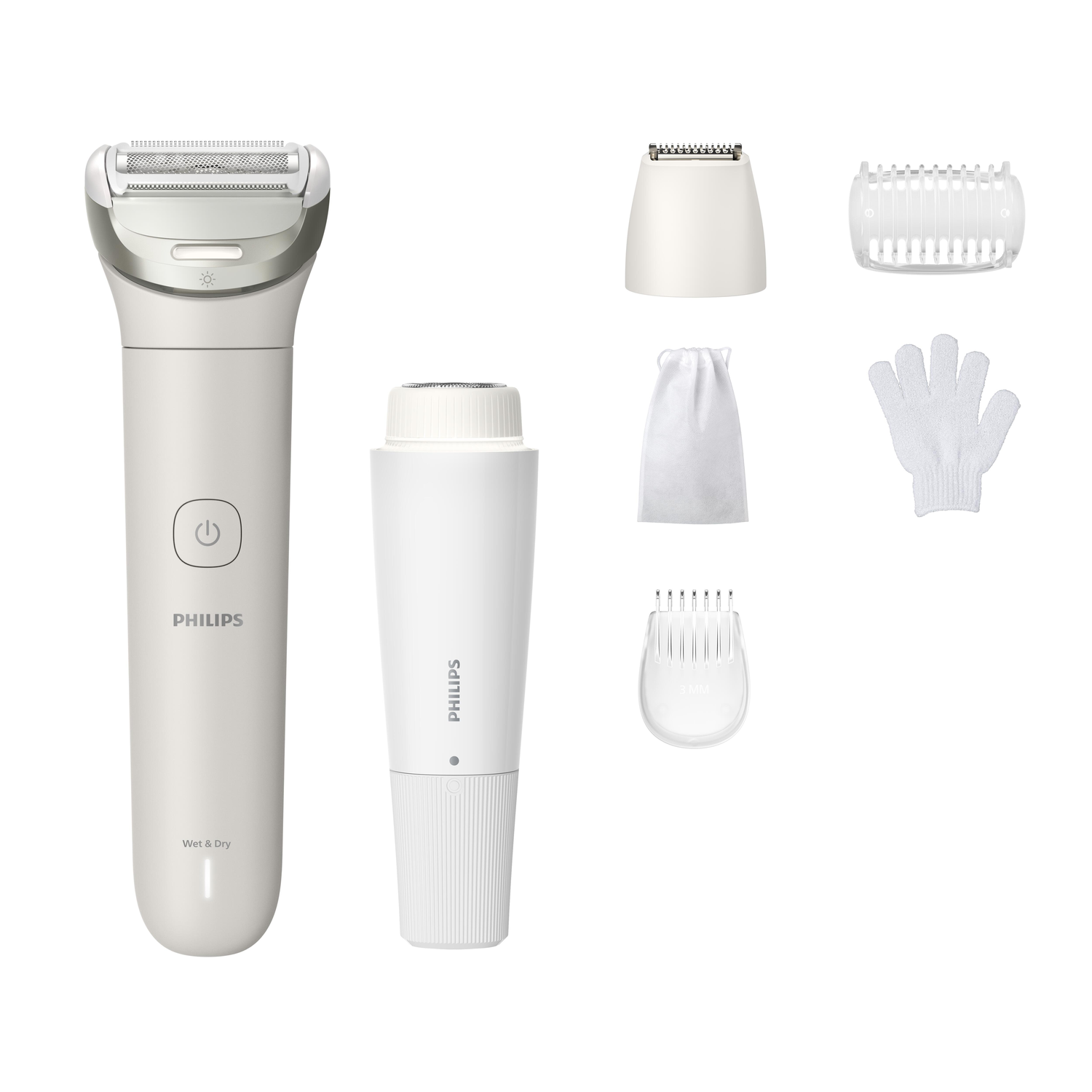 Een Philips nat- en droogscheerapparaat en accessoires, waaronder extra koppen, een klein zakje, een handschoen en een trimmer.