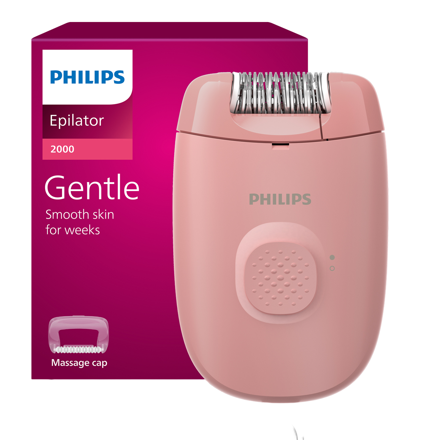 Een roze Philips epilator met een doos. Op de doos staat het Philips logo en de tekst 'Epilator 2000', 'Gentle' en 'Smooth skin for weeks'.