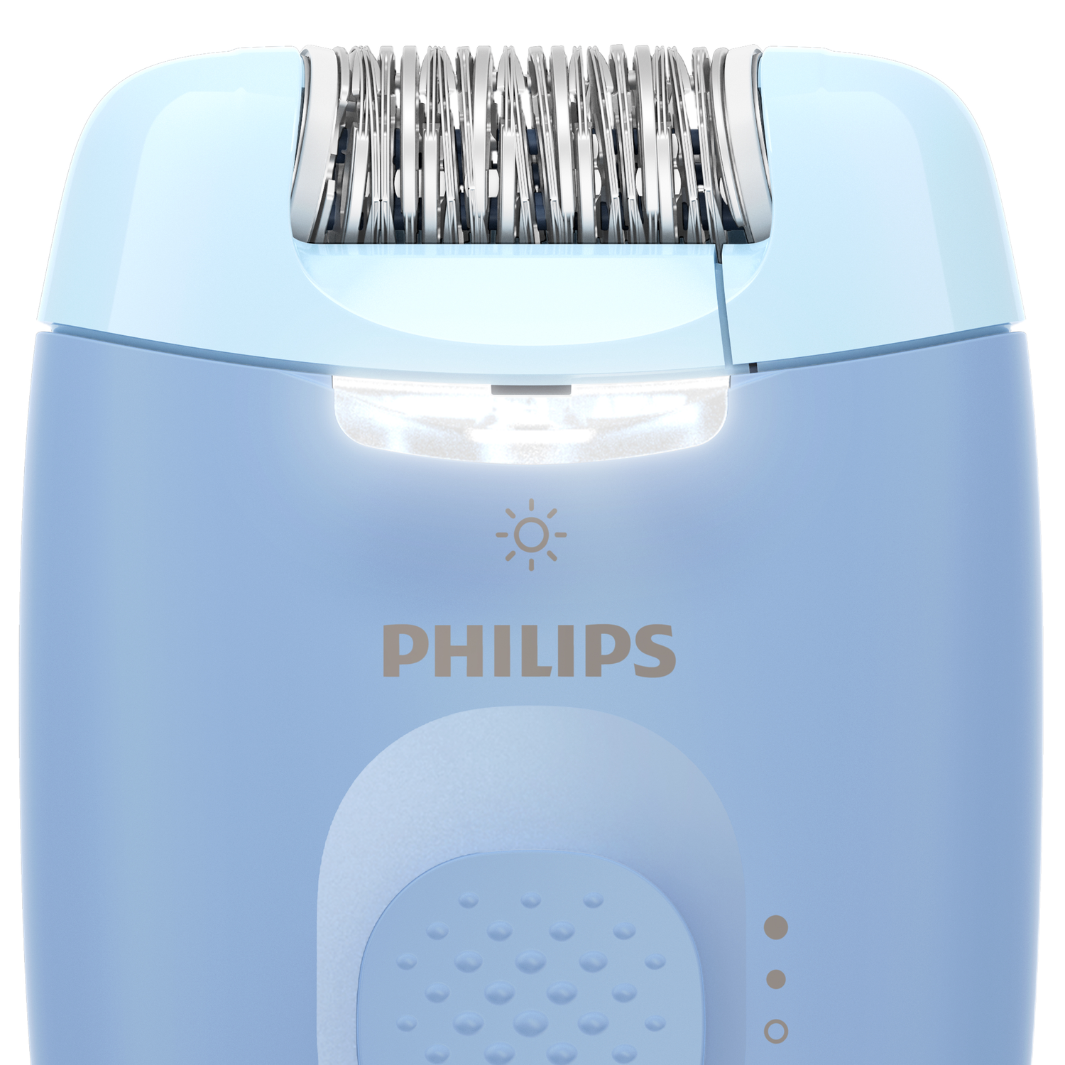 Een blauw-witte Philips epilator. Het heeft een lampje en het Philips-logo. Het bovenste deel heeft metalen componenten.