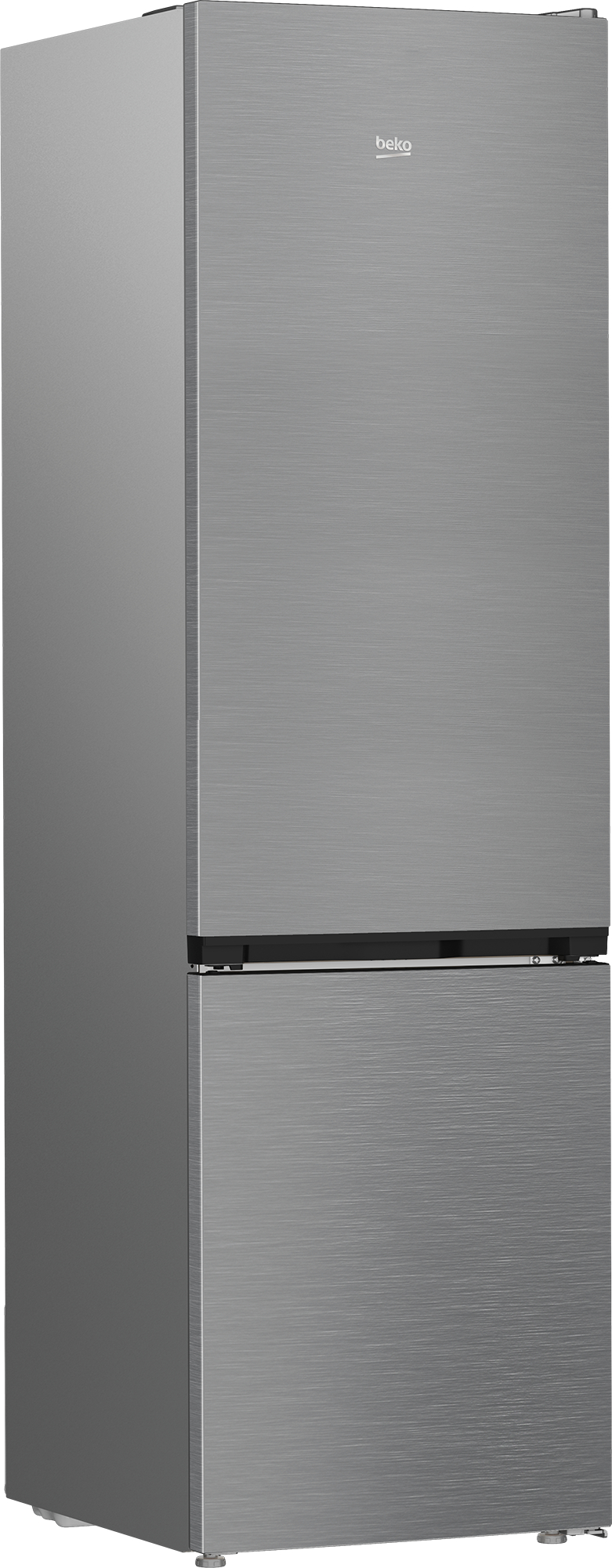 Ein silberner Beko-Kühlschrank mit zwei Türen. Die obere Tür hat das Beko-Logo. Die Oberfläche hat eine gebürstete Metallstruktur.