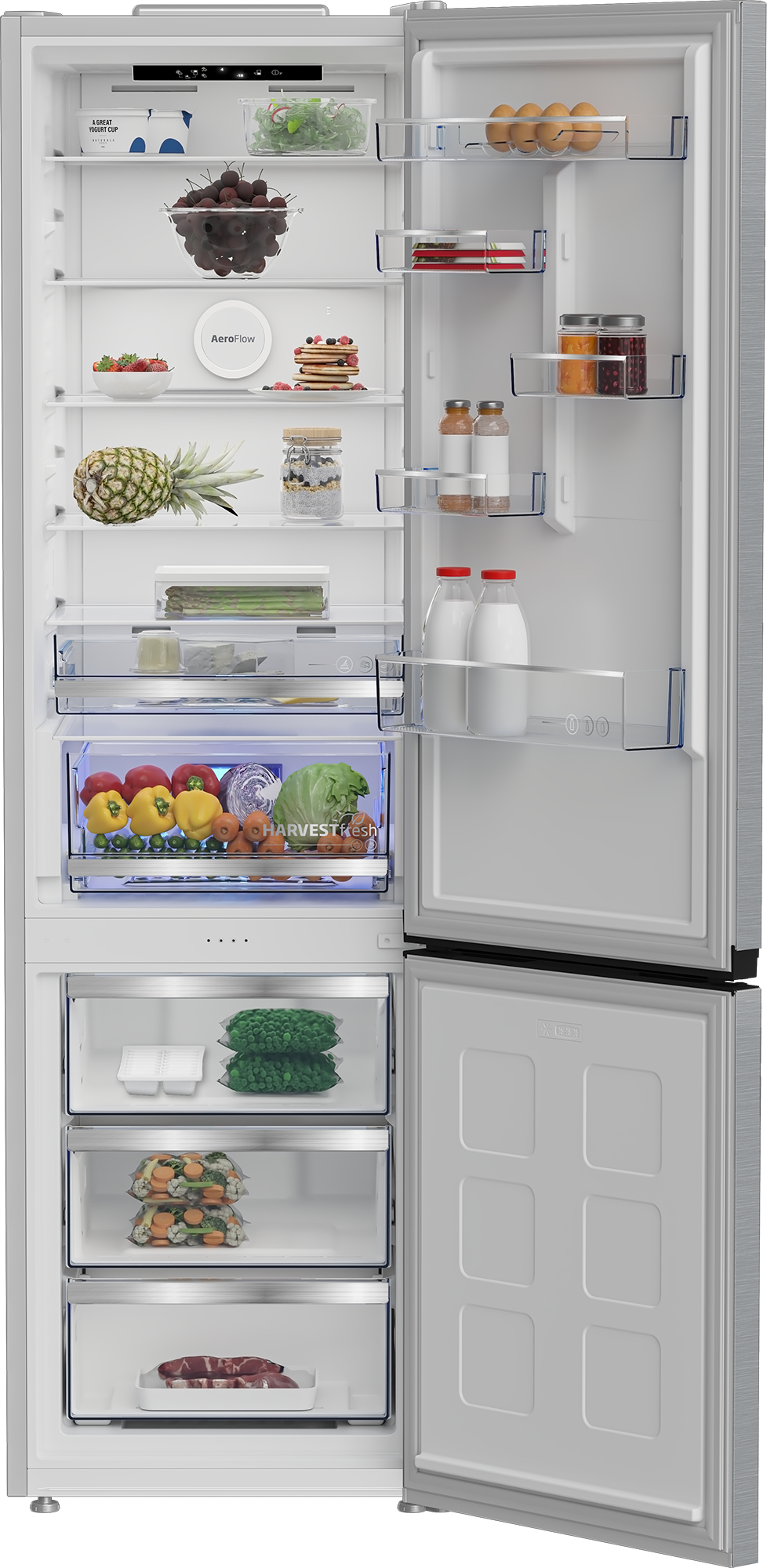 Offener Kühlschrank mit Lebensmitteln: Obst, Gemüse, Eier, Milch und Fertiggerichte. Das Gefrierfach ist offen mit gefrorenem Gemüse und Fleisch.