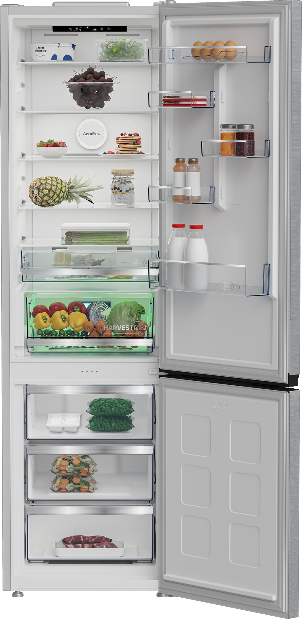 Offener Kühlschrank mit Lebensmitteln: Obst, Gemüse, Milchprodukte und Eier. Gefrierfach unten mit gefrorenem Gemüse und Fleisch. Silbernes Äußeres.