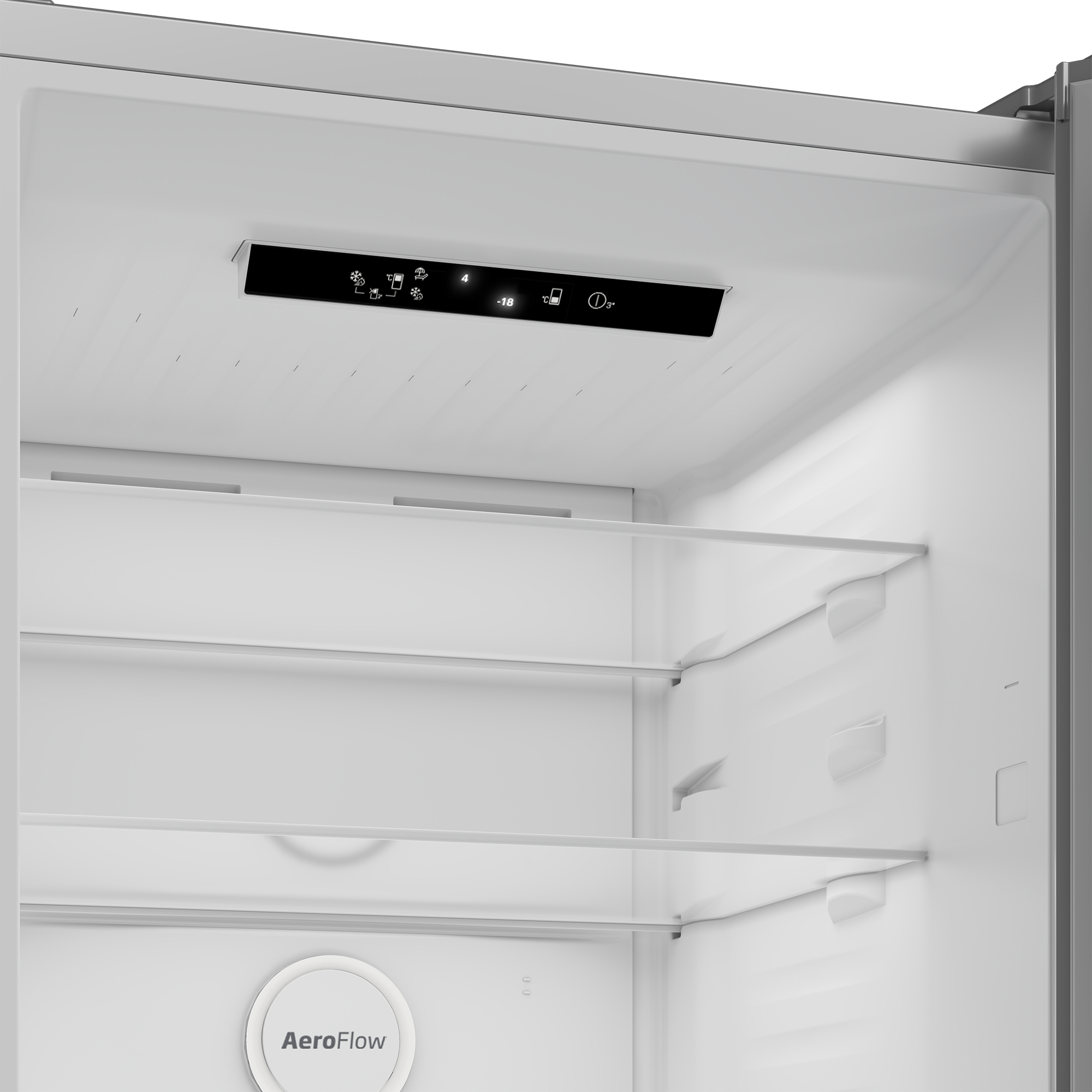 Im Kühlschrank sind Regale sichtbar. Das obere Bedienfeld zeigt Einstellungen. Die Temperatur ist auf -18 Grad Celsius eingestellt.