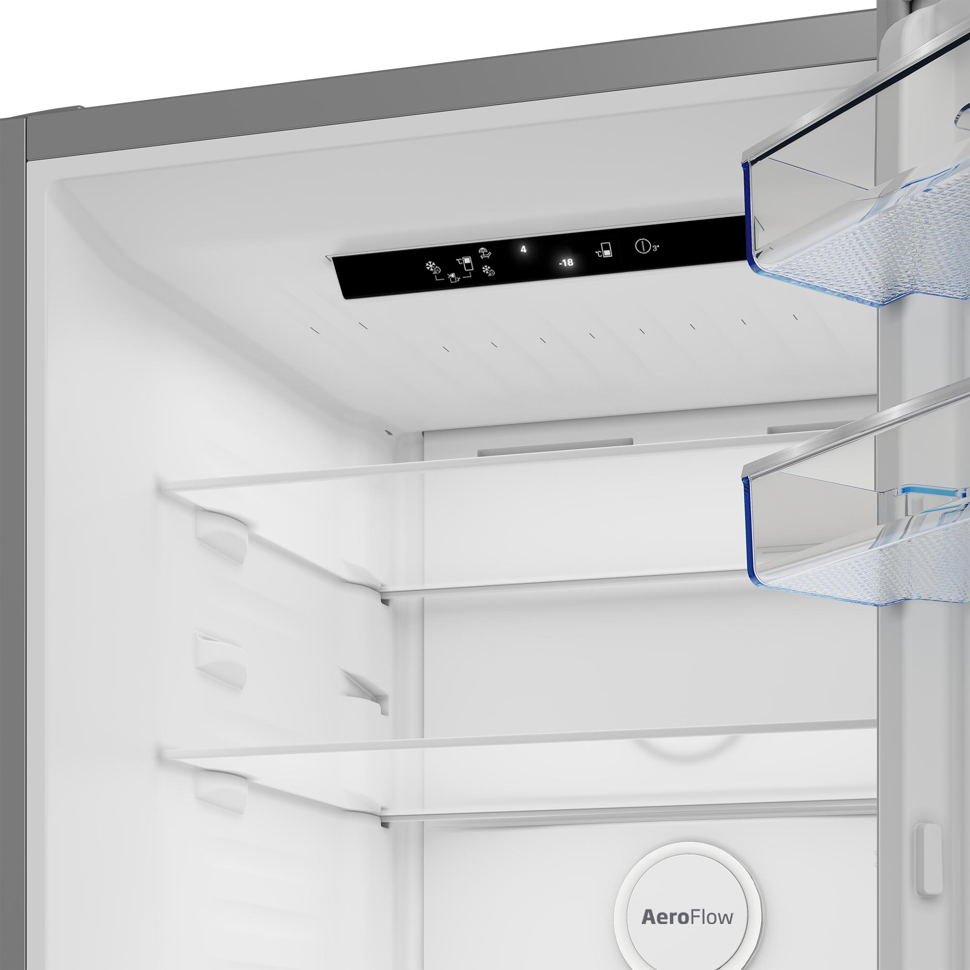 In einem Kühlschrank mit Glasböden zeigt eine Digitalanzeige die Temperatureinstellungen. AeroFlow-Logo unten.