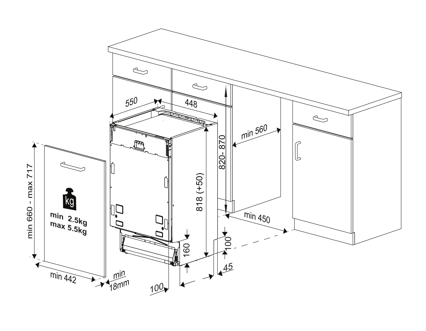 Schemat instalacji zmywarki. Pokazuje wymiary, w tym wysokość, szerokość i głębokość, z pomiarami w milimetrach i wagą.