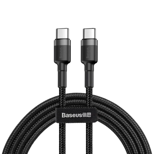 Baseus markalı siyah bir USB-C kablosu. Kablo, iki USB-C konektörüne, örgülü bir kabloya ve siyah bir arka plana sahiptir.