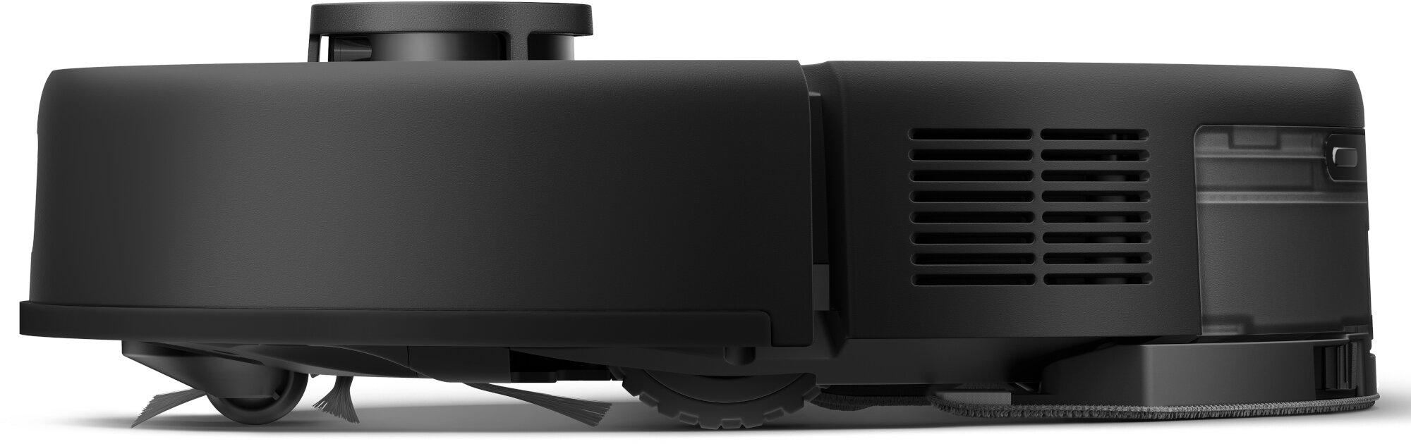 Czarny robot odkurzający jest widoczny z boku. Ma szczotki, koła i system wentylacji. Design jest nowoczesny.