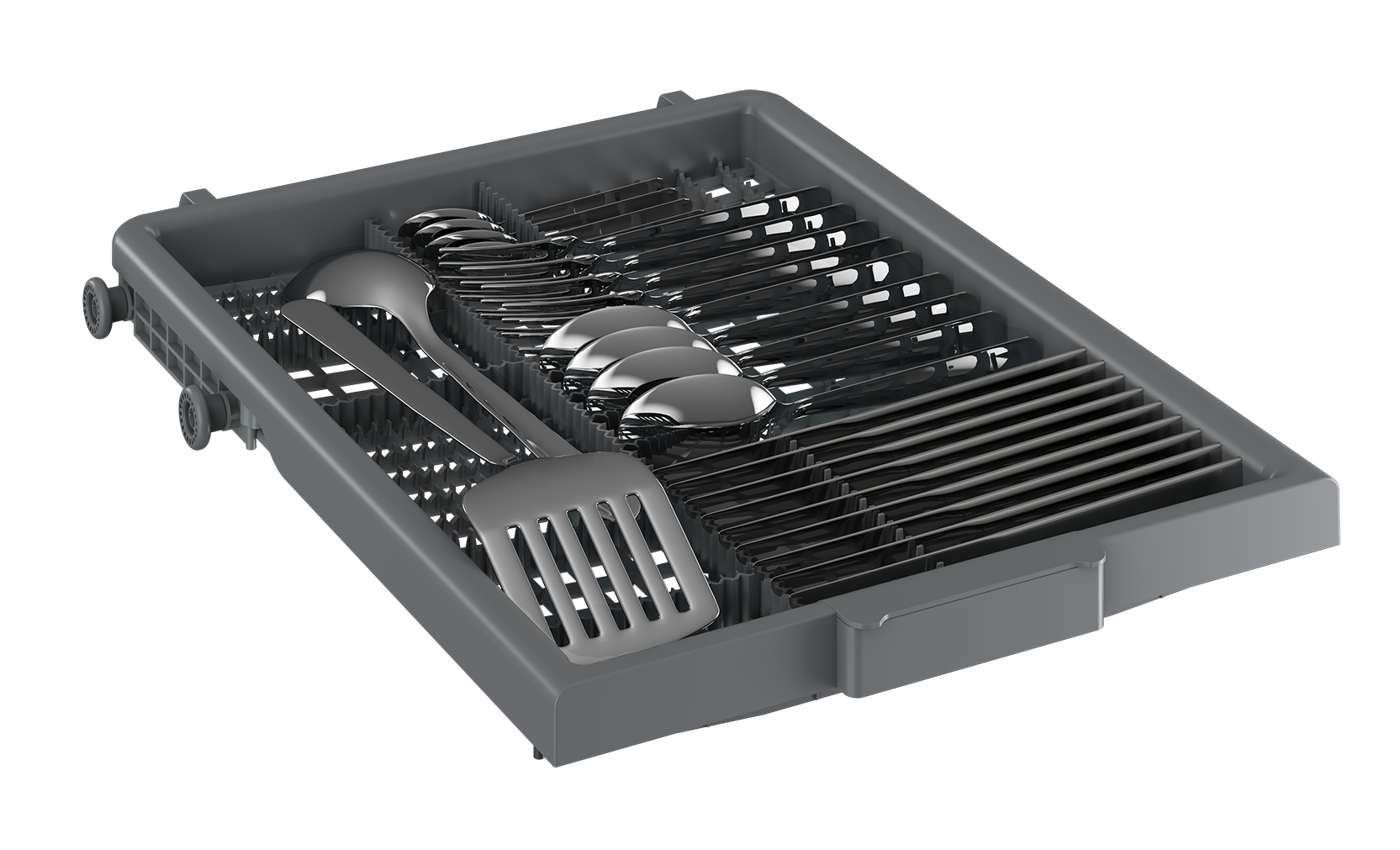 Kosz zmywarki z sztućcami. Łyżki, widelce, noże i szpatułka są starannie ułożone. Tło jest czarne.