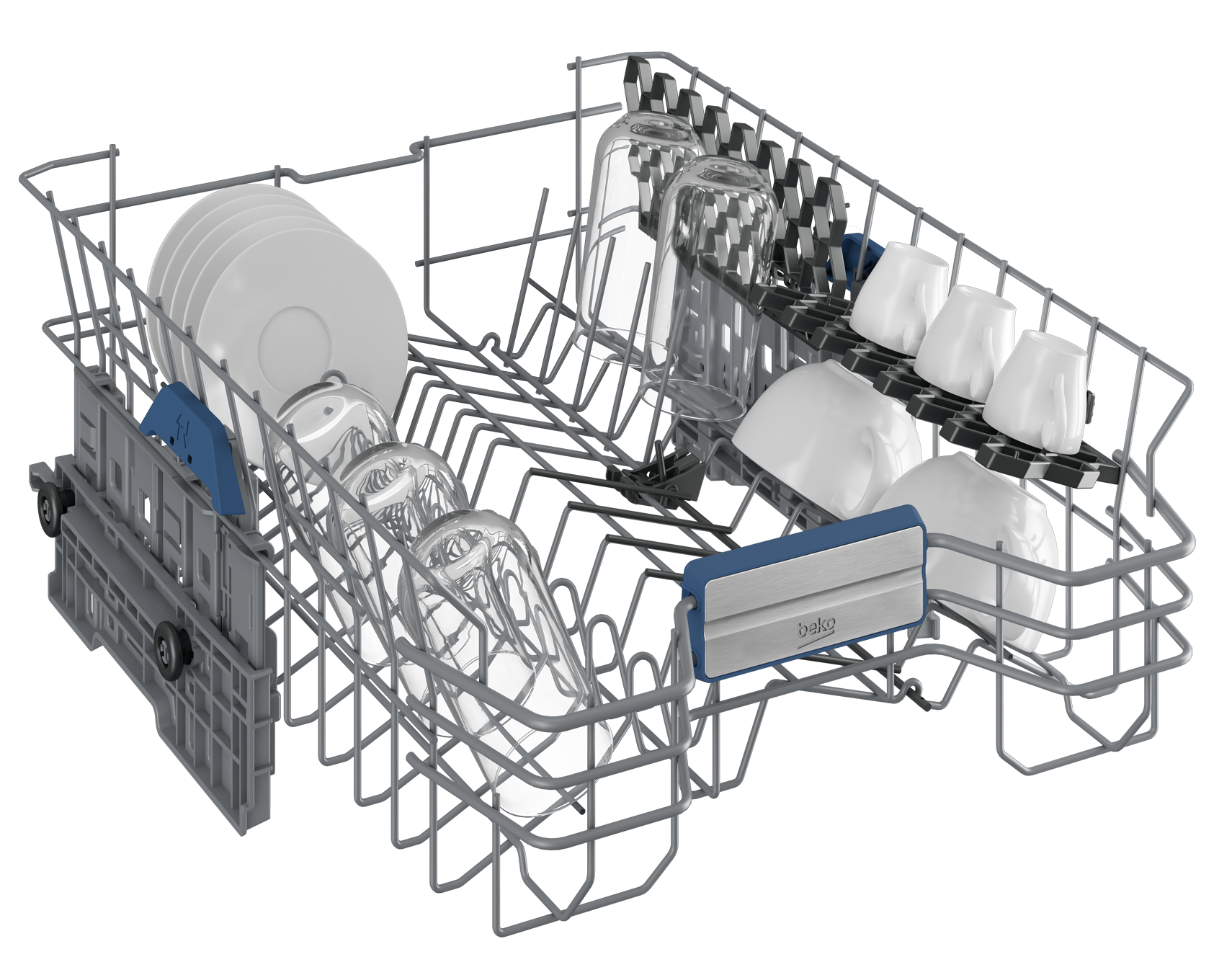 Stelaż zmywarki z talerzami, szklankami i filiżankami. Stelaż jest metalowy, z niebieskimi i srebrnymi akcentami.