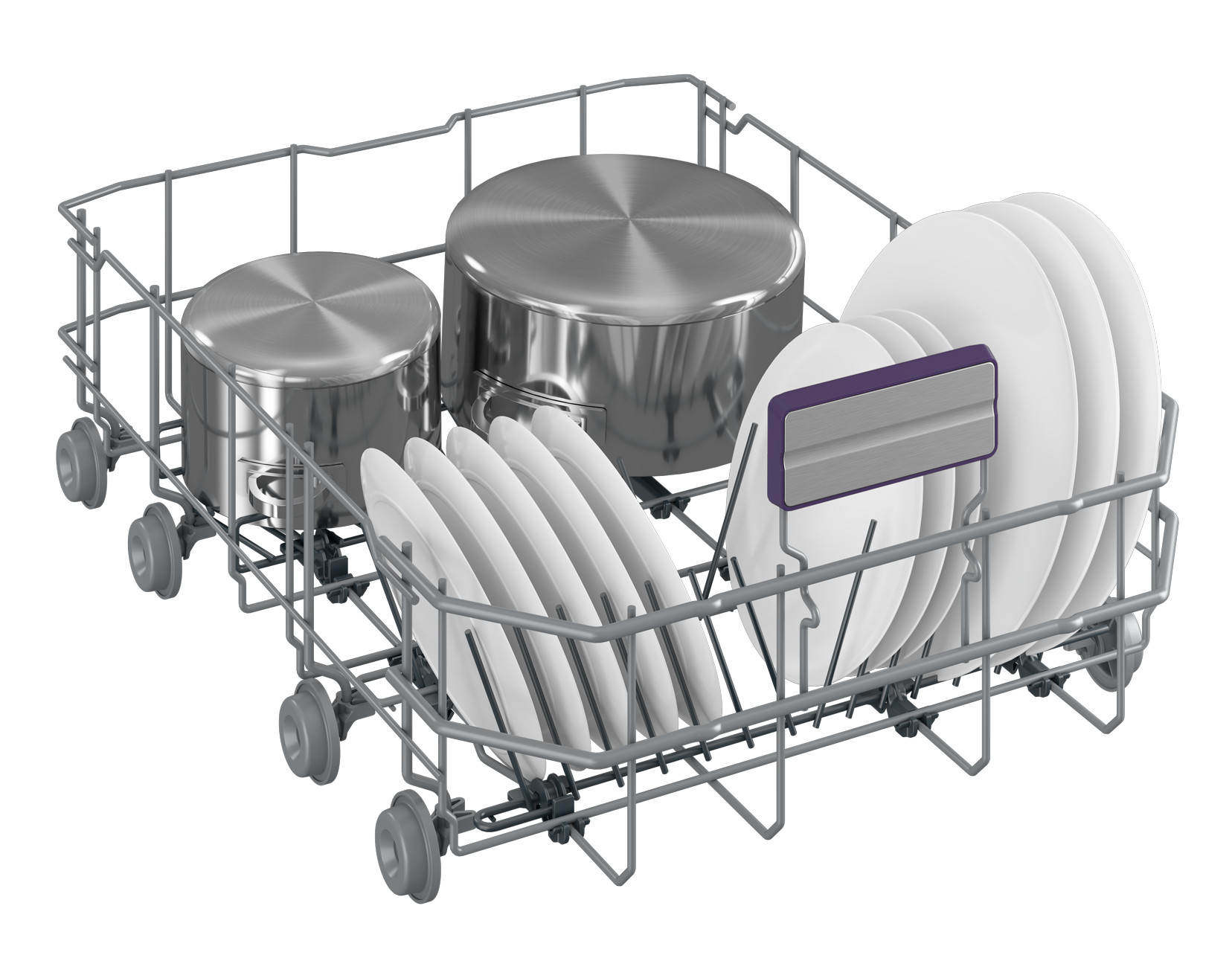 Stojak do zmywarki wypełniony garnkami ze stali nierdzewnej i białymi talerzami. Stojak jest szary, a tło czarne.