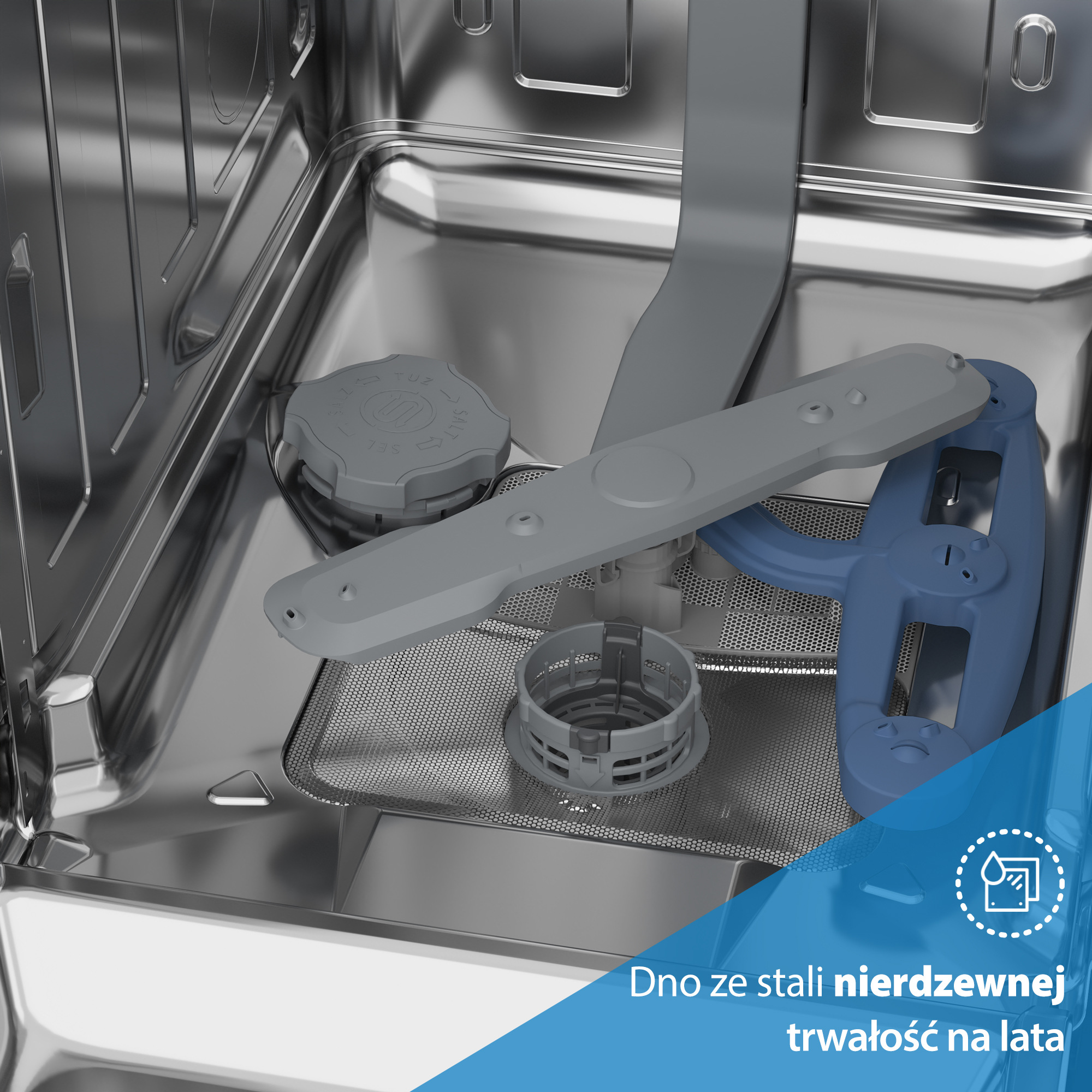 Wnętrze zmywarki ze stali nierdzewnej. Widoczne są ramiona spryskujące, filtr, niebieski uchwyt i różne inne elementy.
