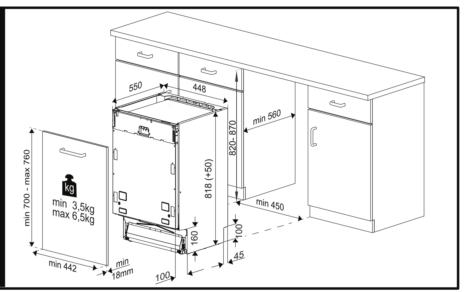 Schemat zmywarki z wymiarami. Pokazuje wymiary wysokości, szerokości i głębokości w milimetrach. Zawiera drzwi ze szczegółami wagi.