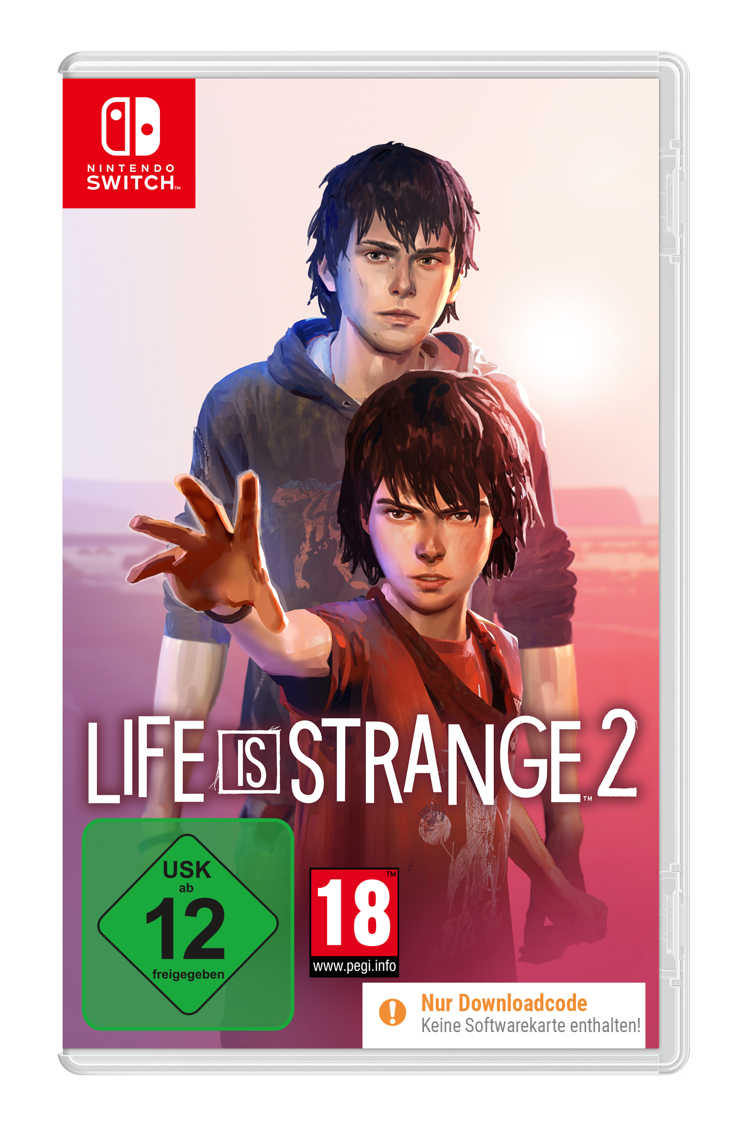 Spielcover für Life is Strange 2 auf Nintendo Switch. Zwei junge Männer sind abgebildet, einer mit ausgestreckter Hand. Altersfreigaben sind sichtbar.
