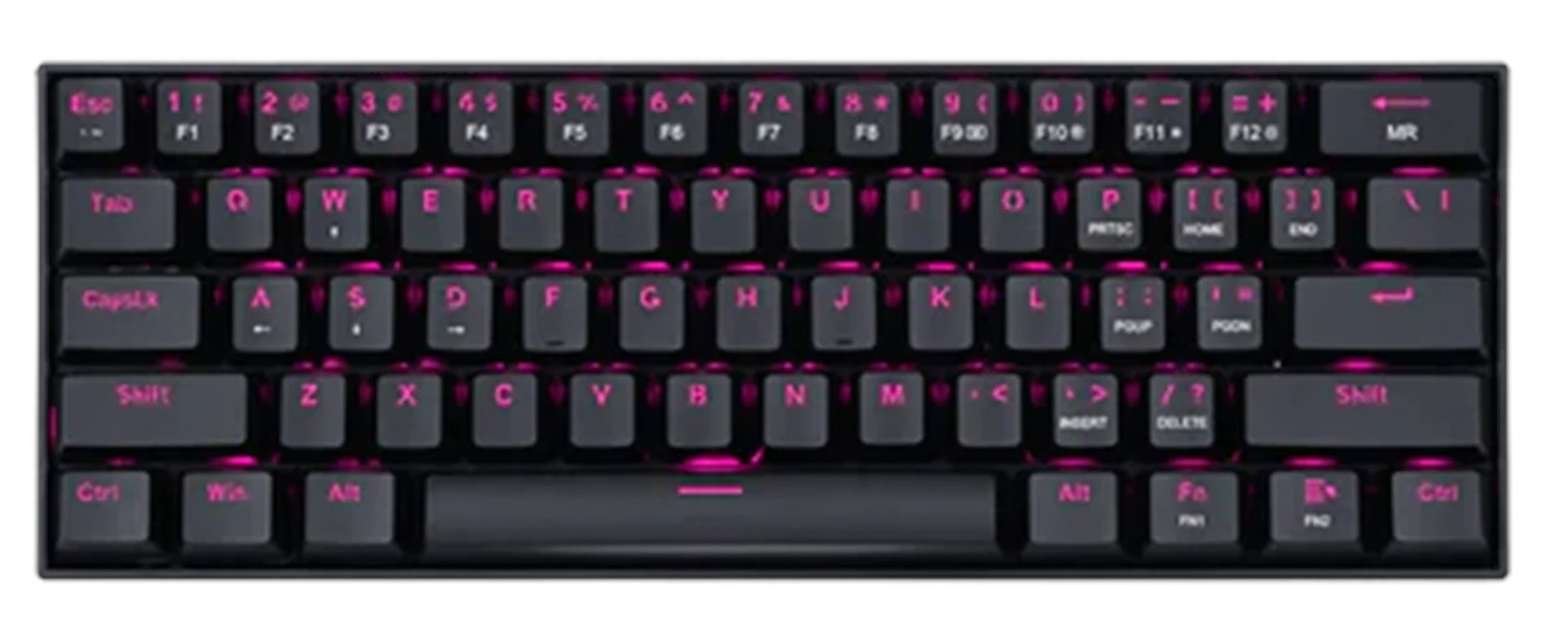Czarna klawiatura z podświetlanymi na różowo klawiszami. Widoczne litery i cyfry. Tło jest proste.