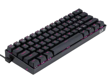Czarna, kompaktowa klawiatura z różowymi podświetlanymi klawiszami. Klawiatura jest pochylona i ma kabel.