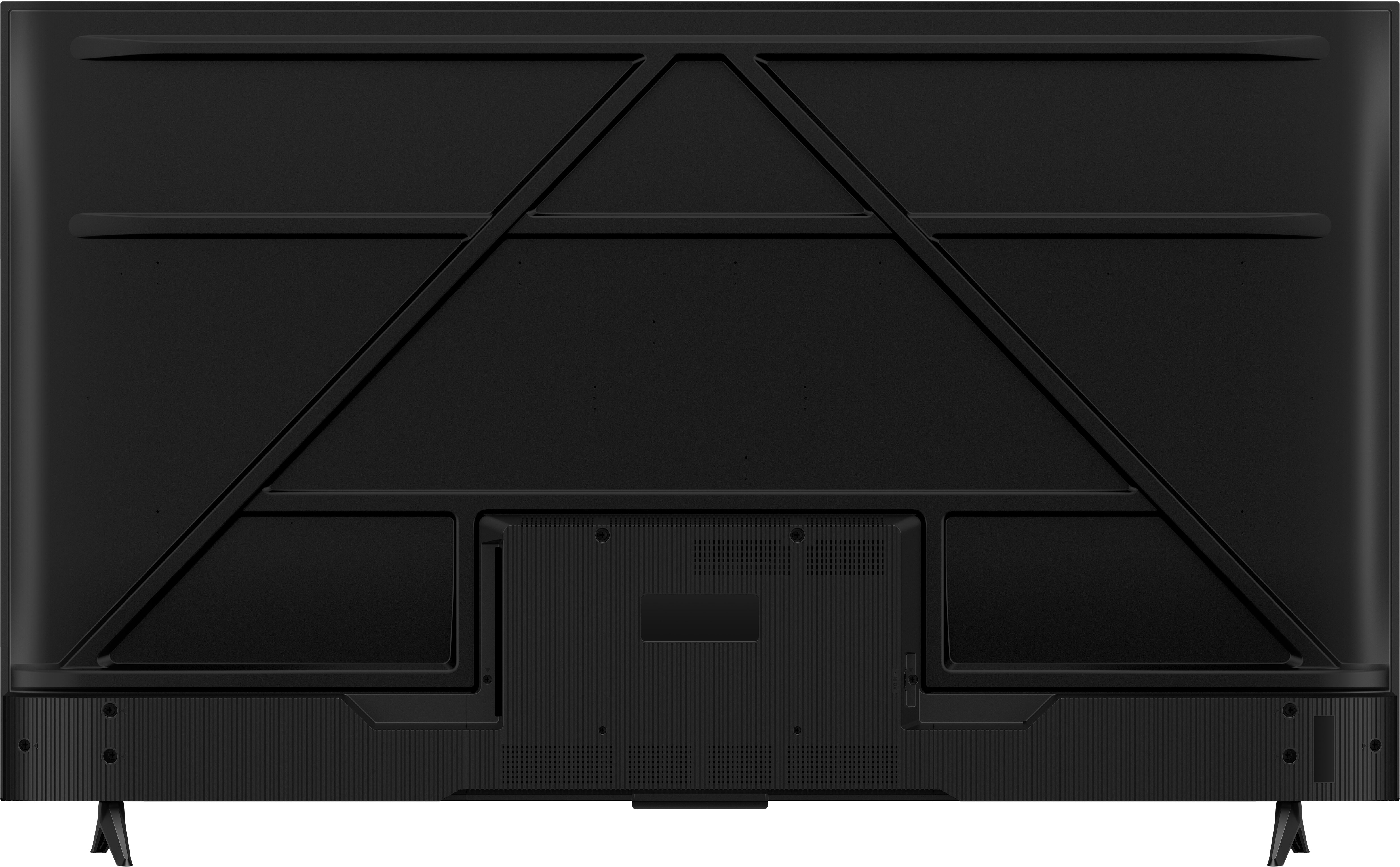 Dos de téléviseur noir avec supports structurels, ventilation et ports de connexion. Il a deux pieds.