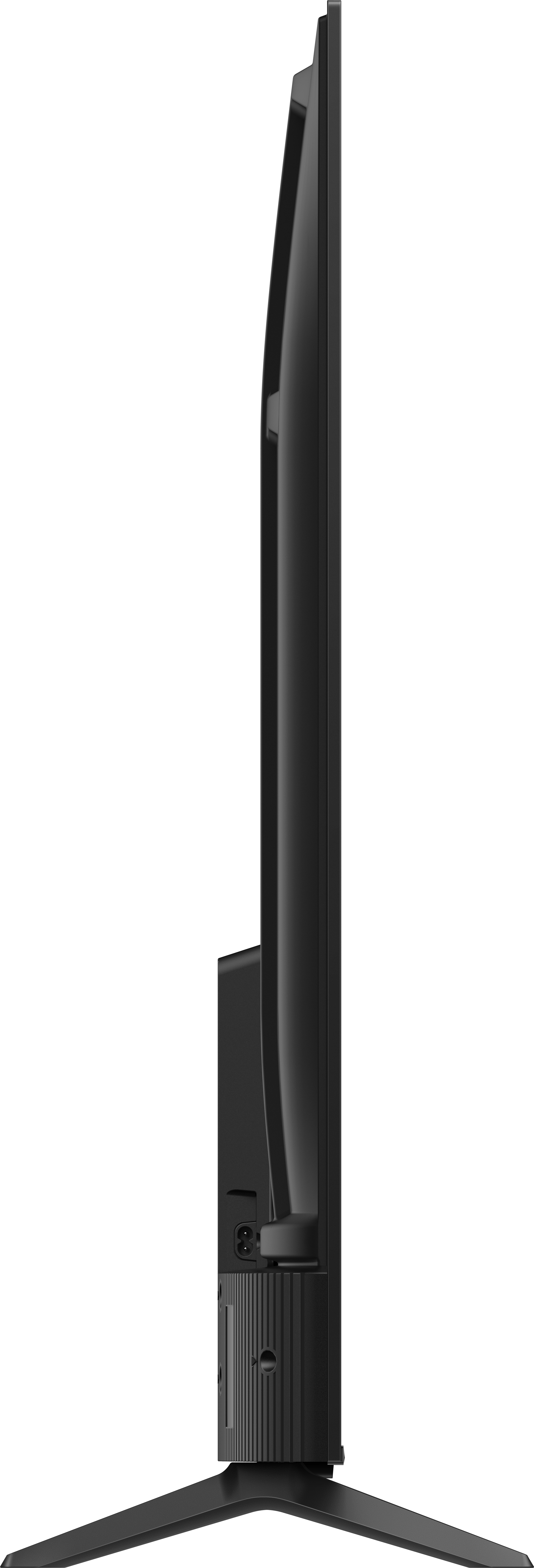 Vue latérale d'une télévision noire. L'écran est fin, avec un pied. Le fond est noir.