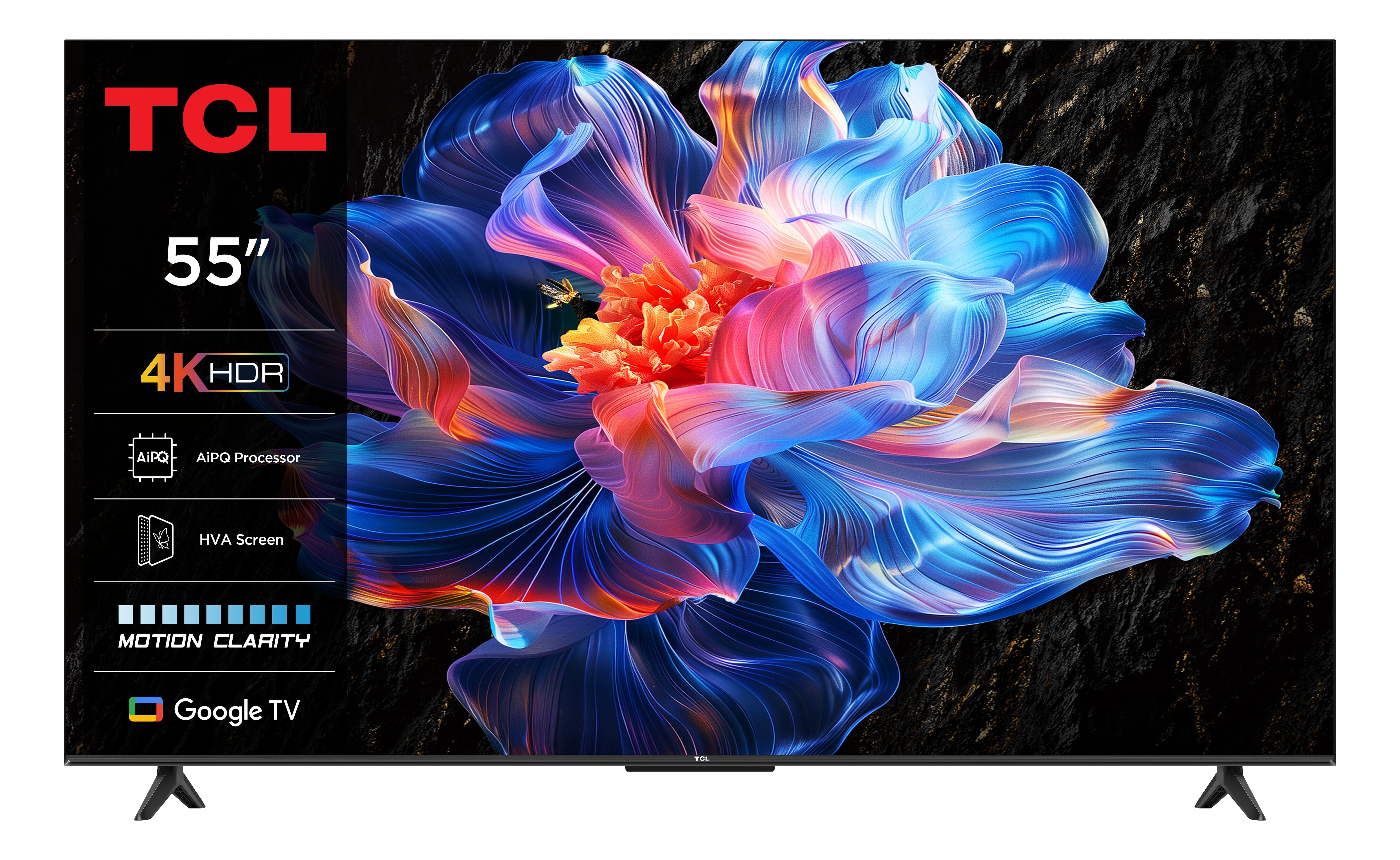 Un téléviseur TCL 55" affiche une image florale colorée. Le téléviseur dispose de 4K HDR, d'un processeur AiPQ, d'un écran HVA et de Google TV.