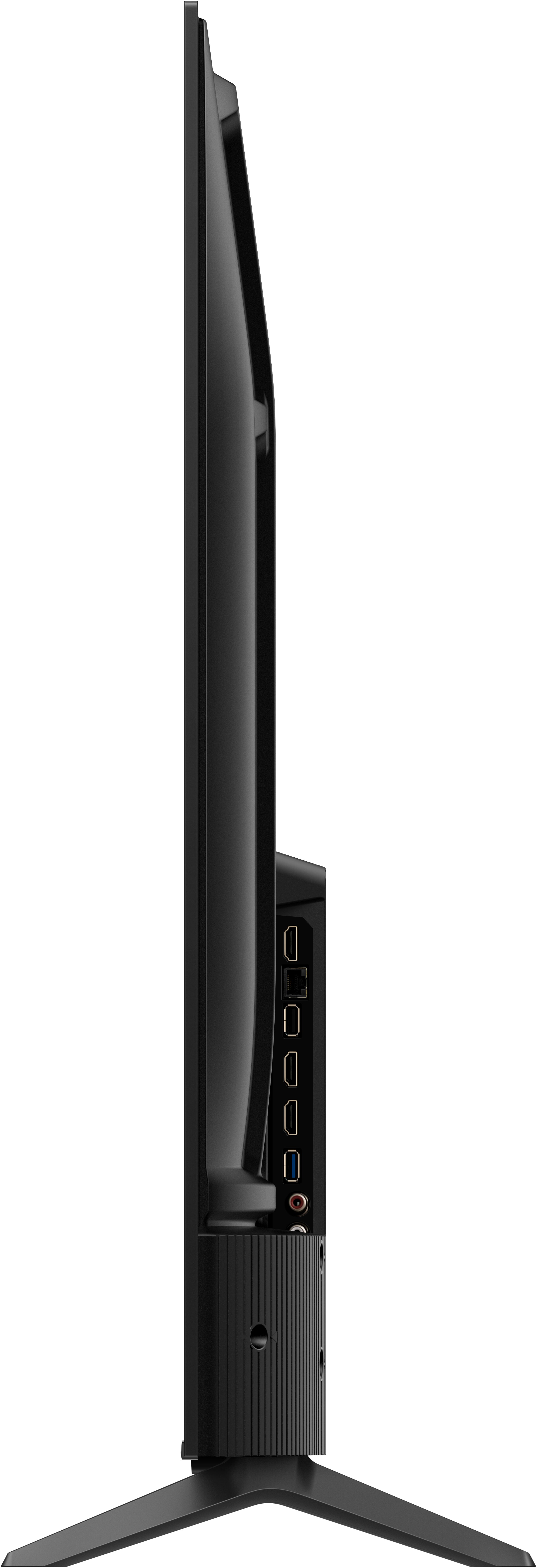 Vue latérale d'une télévision noire. Les ports visibles incluent HDMI, USB et autres. La télévision a un support.
