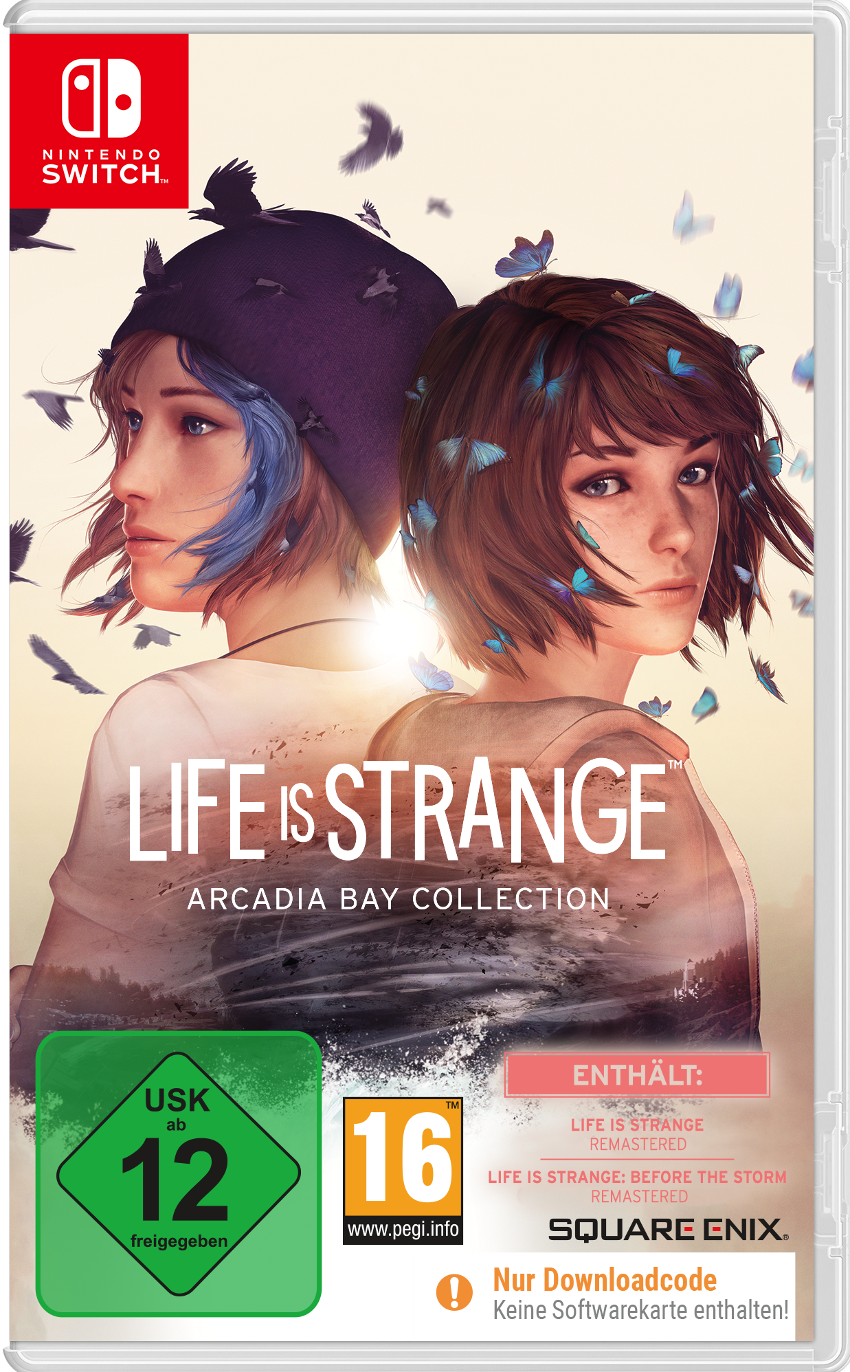 Spielbox-Art. Zwei junge Frauen mit blauem und braunem Haar, Schmetterlingen und Vögeln. Der Titel lautet "Life is Strange".