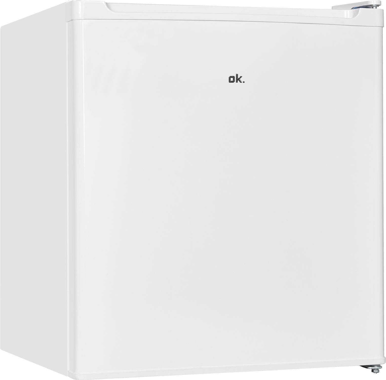 Un petit réfrigérateur blanc avec la marque 'ok.' sur la porte, sur fond noir.