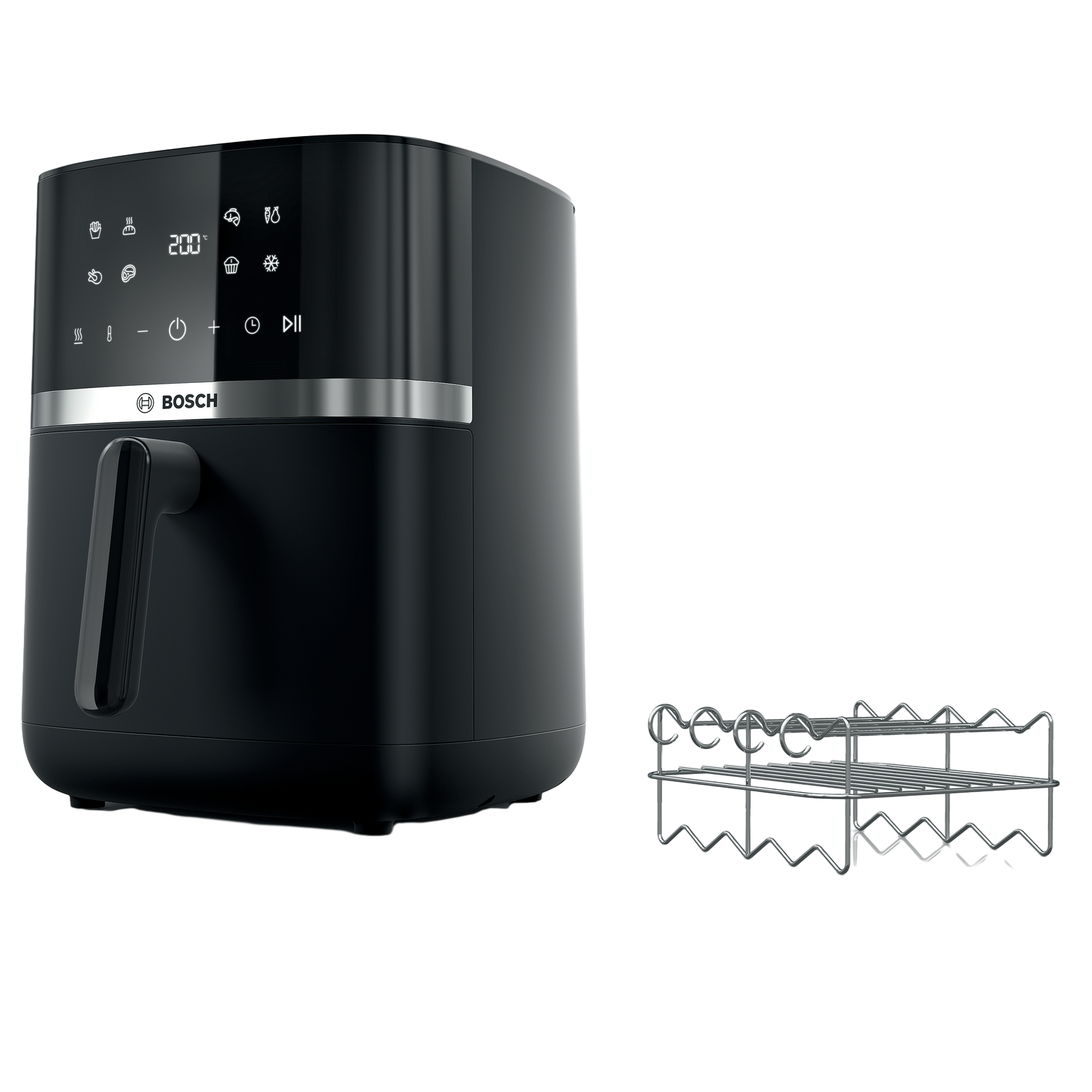 Een zwarte Bosch airfryer met handvat en bedieningspaneel, naast een metalen rek, alles op een zwarte achtergrond.
