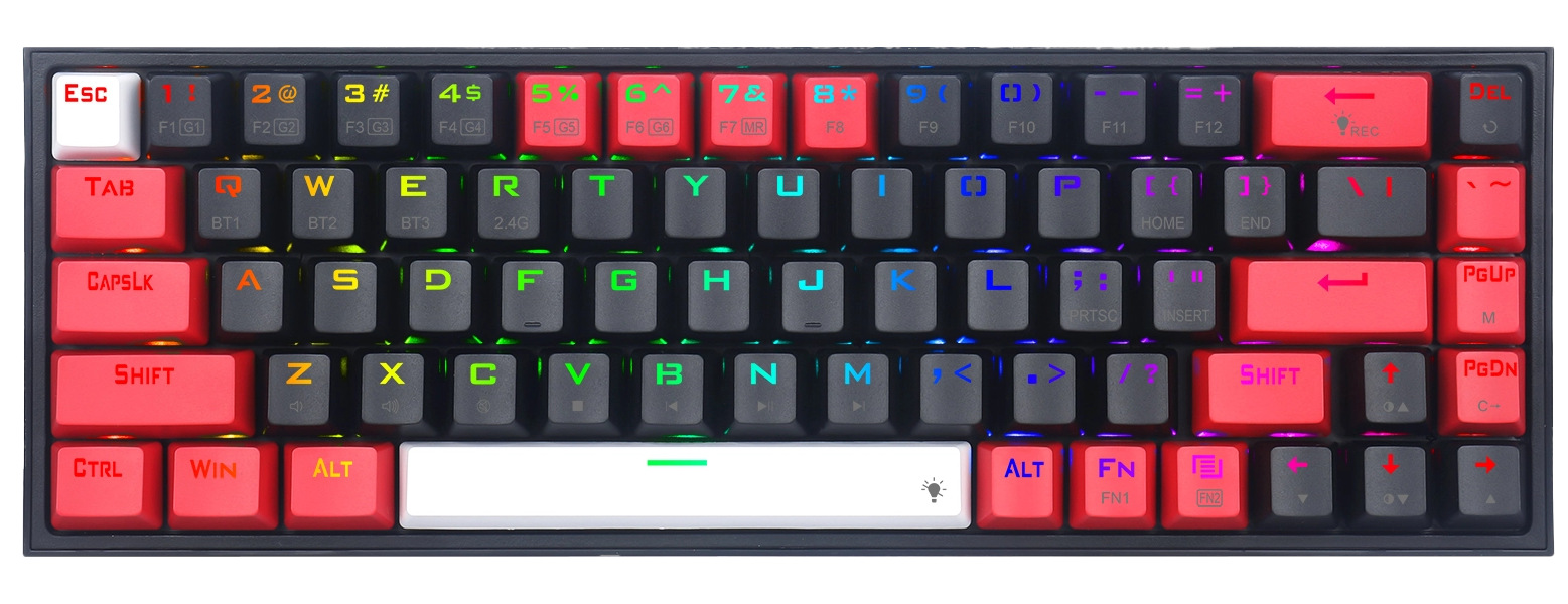 Klawiatura mechaniczna z czerwonymi i szarymi klawiszami. Niektóre klawisze są czerwone, inne szare. Klawisze mają podświetlane znaki w różnych kolorach.