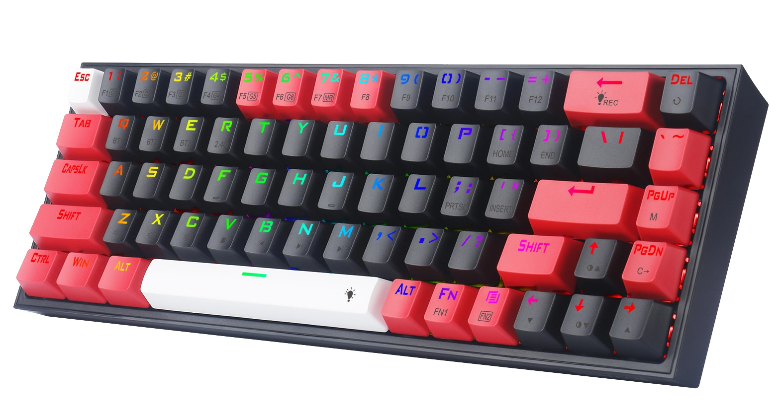 Klawiatura mechaniczna z czarnymi klawiszami. Czerwone klawisze to Esc, Tab, Shift i inne. Biały spacja. Klawisze są podświetlane.