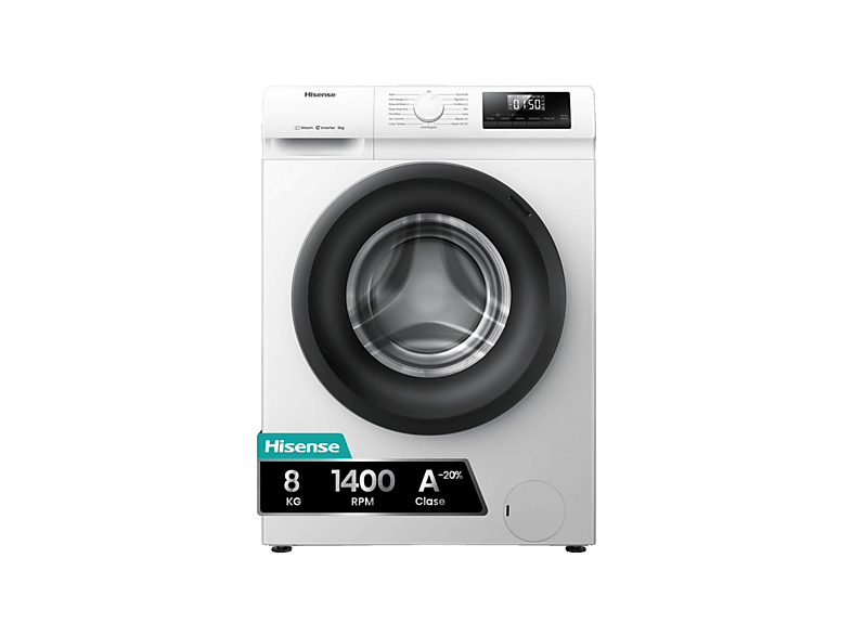 Lavadora carga frontal - Hisense WF1Q8041BW, 8 kg, 1400 Rpm, Función Vapor, Eficiencia A-20%, Blanco