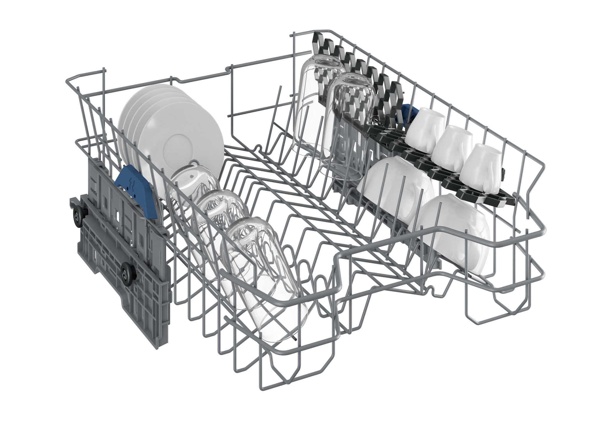 Stojak do zmywarki załadowany talerzami, szklankami i filiżankami. Stojak jest metaliczno-szary. Talerze są białe, szklanki przezroczyste, filiżanki białe.