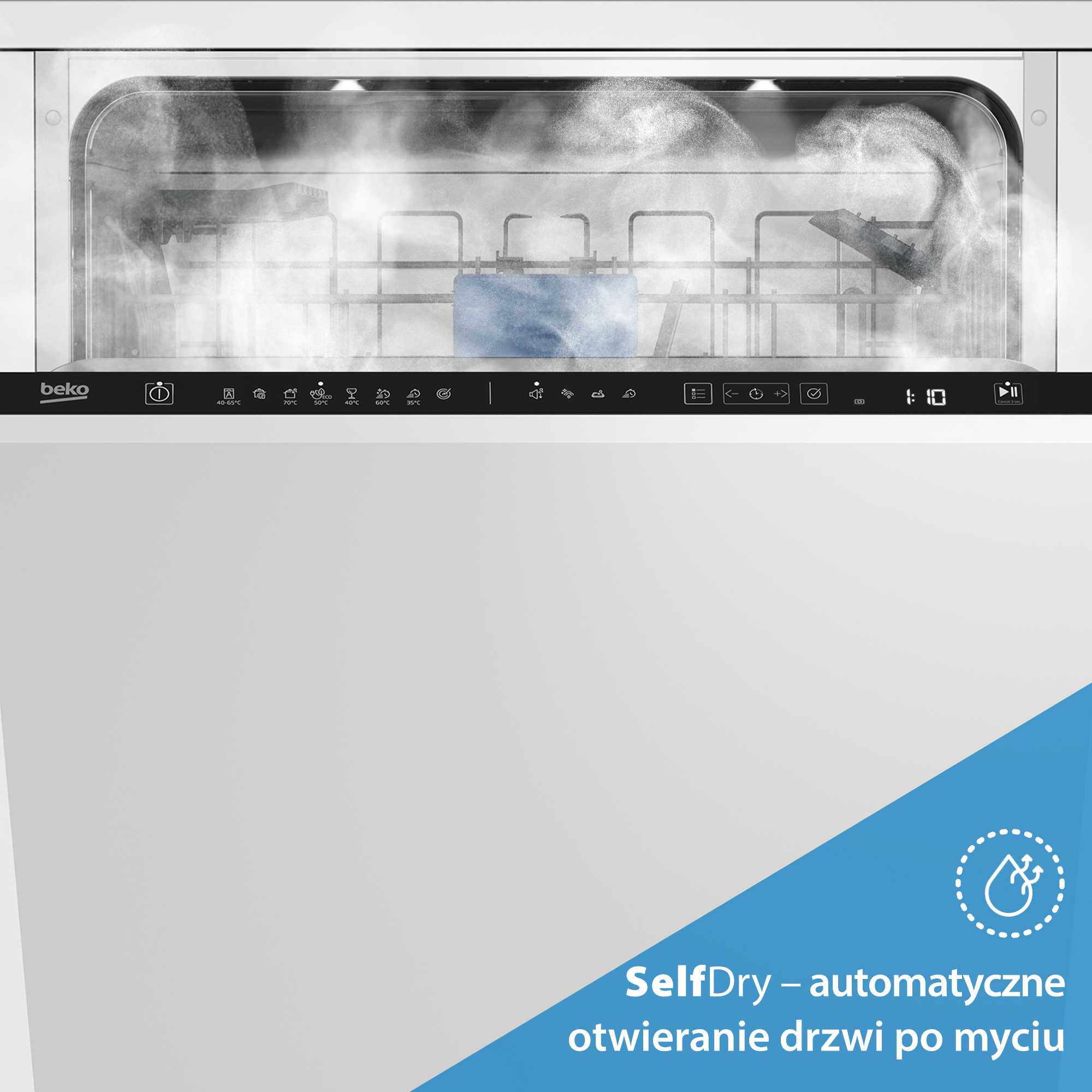 Zmywarka z parą w środku, panel sterowania i niebieski blok. Na dole niebieski baner z tekstem i ikoną kropli wody.