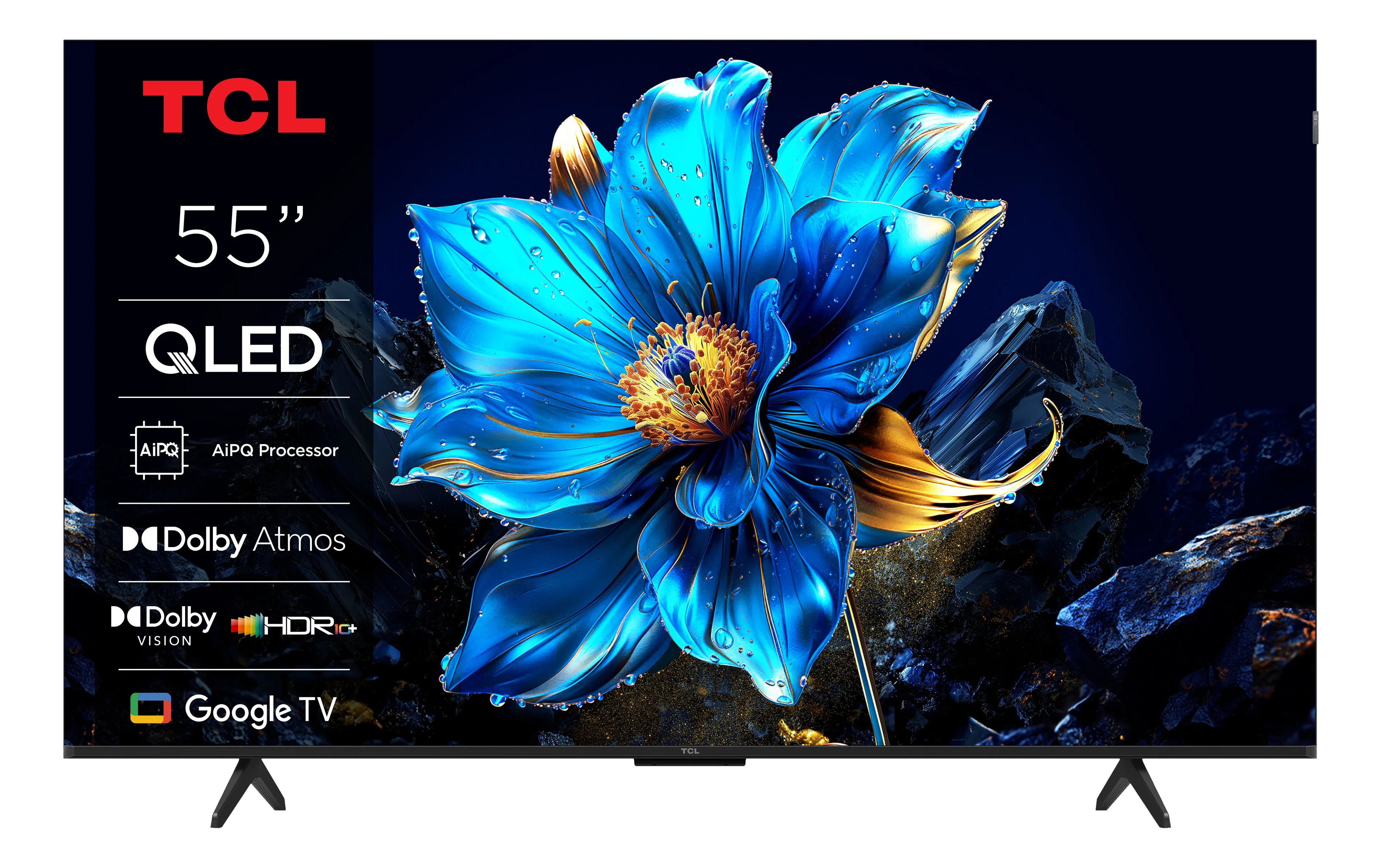 TV TCL QLED 55". Comporte une grande fleur bleue à l'écran. Dolby Atmos, HDR+, et Google TV.