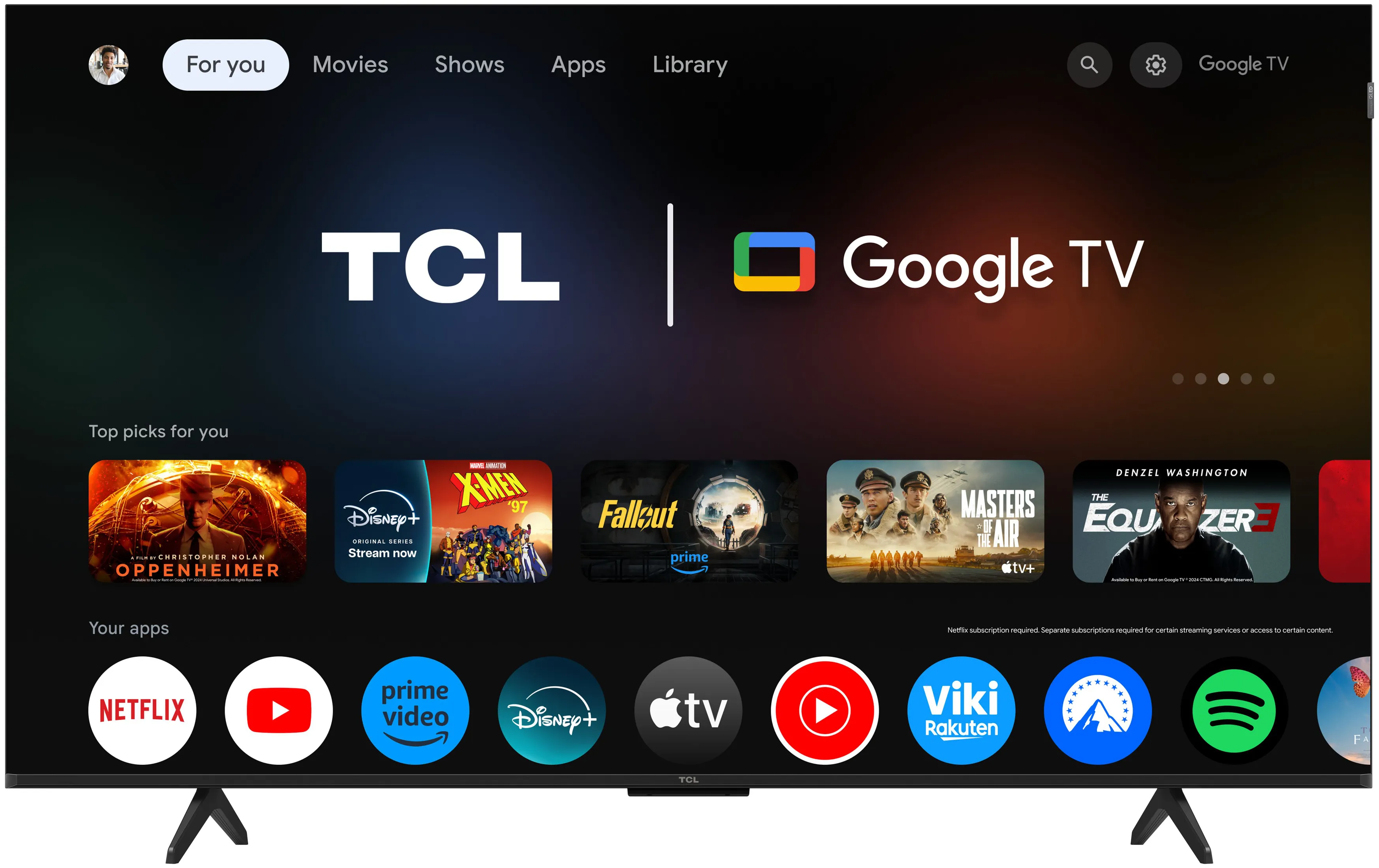 L'écran TCL Google TV affiche des applications et des recommandations de films. Netflix, YouTube, Prime Video, Disney+ et plus sont visibles.