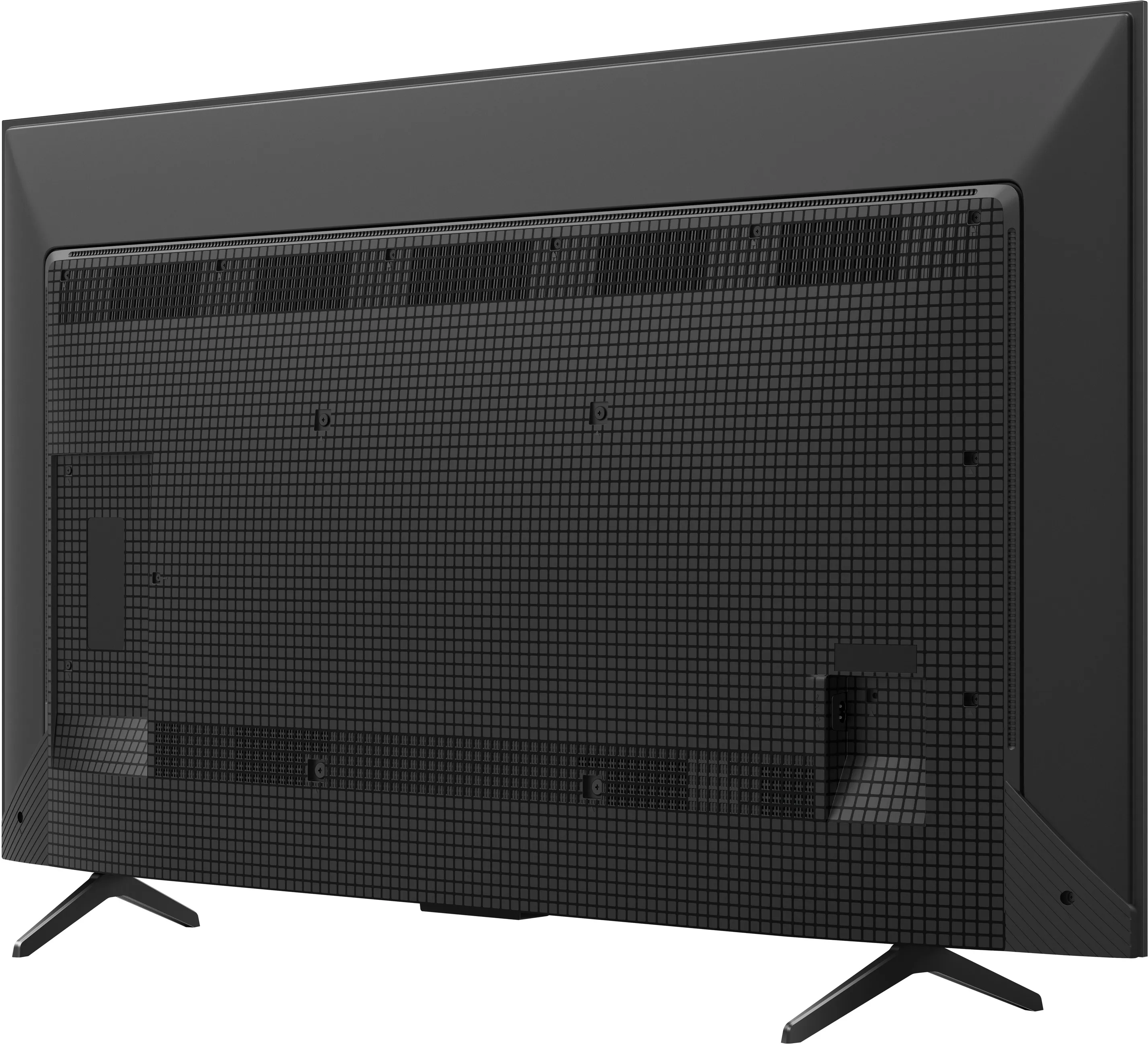 L'arrière d'un téléviseur noir, avec une surface à motifs et des pieds de support, est présenté.