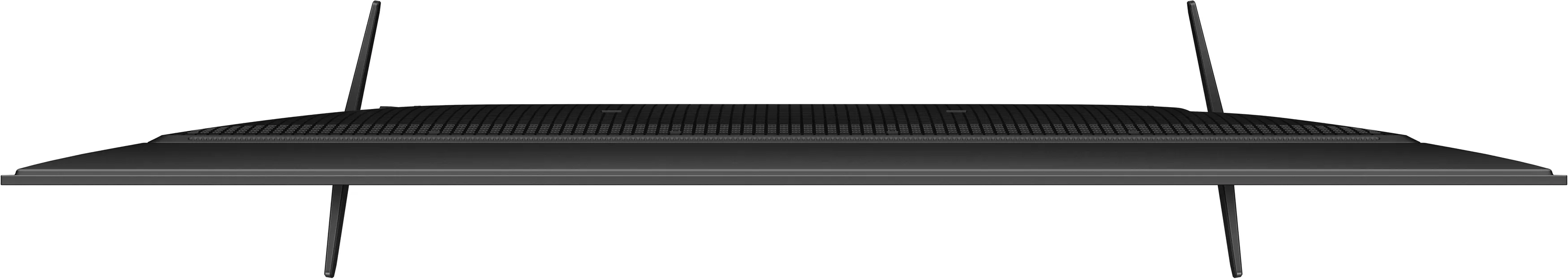 Vue de dessus d'un téléviseur noir avec antennes et pieds. L'écran est face vers le bas.