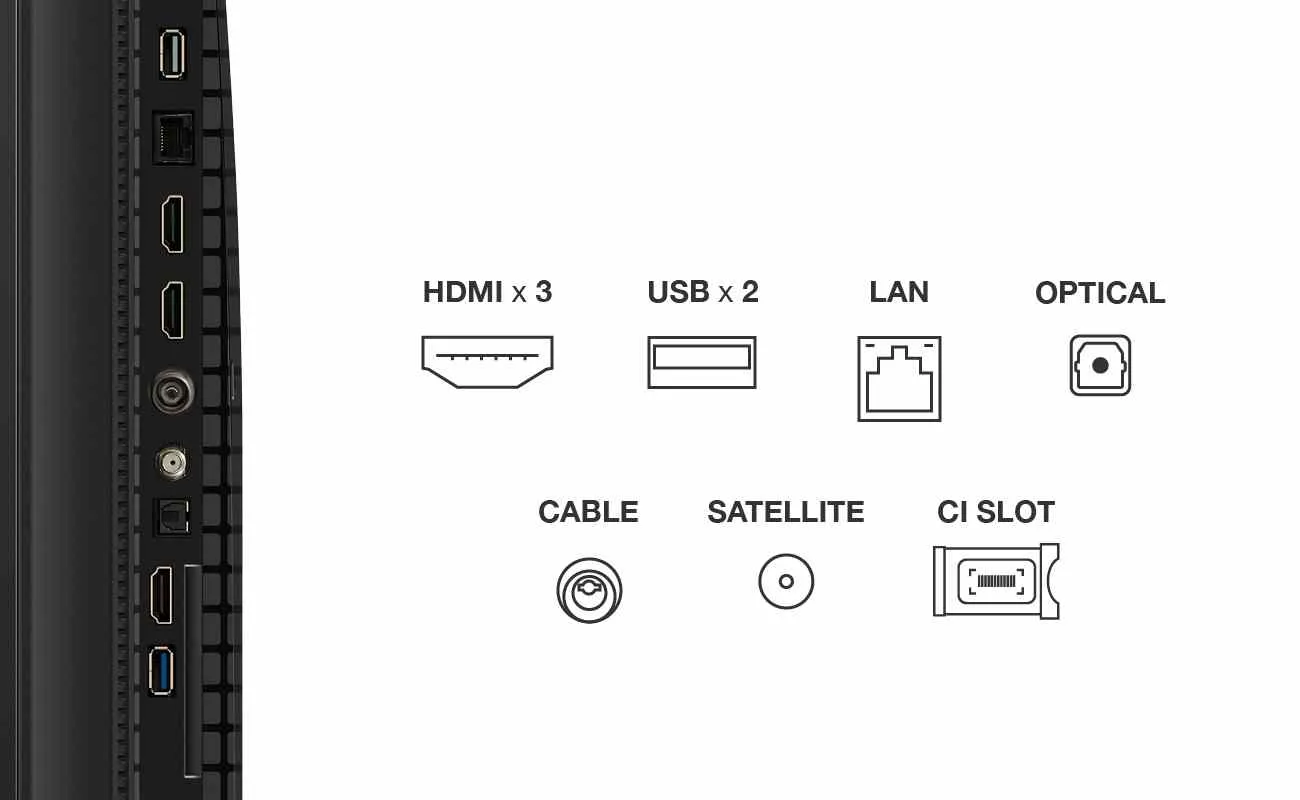 Ports TV : HDMI x 3, USB x 2, LAN, Optique, Câble, Satellite et Emplacement CI.