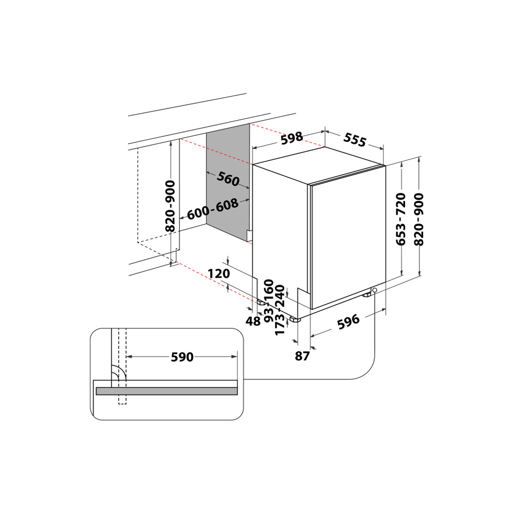 A diagram a mosogatógép méreteit mutatja. A mm-ben megadott méretek magasságot, szélességet, mélységet, valamint a kivágás részleteit tartalmazzák.