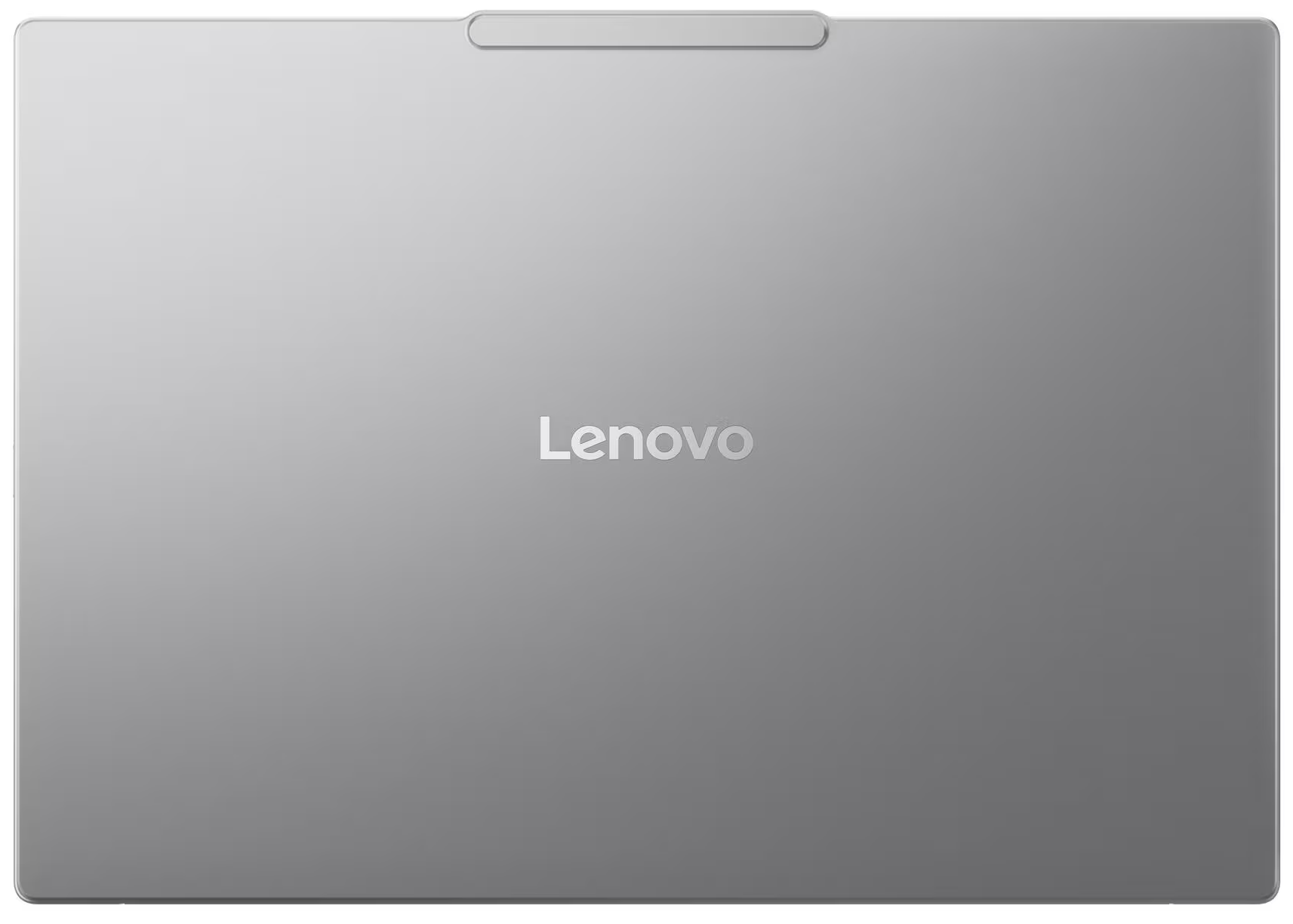 Ezüst Lenovo laptop fedél. A Lenovo logó középen. Egy kis sáv a felső szélen.