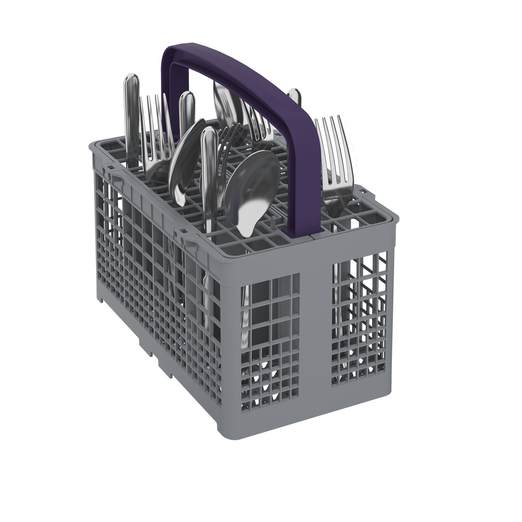 Szary koszyk na sztućce do zmywarki ze sztućcami. Fioletowy uchwyt. Wewnątrz koszyka widoczne są widelce, łyżki i noże.