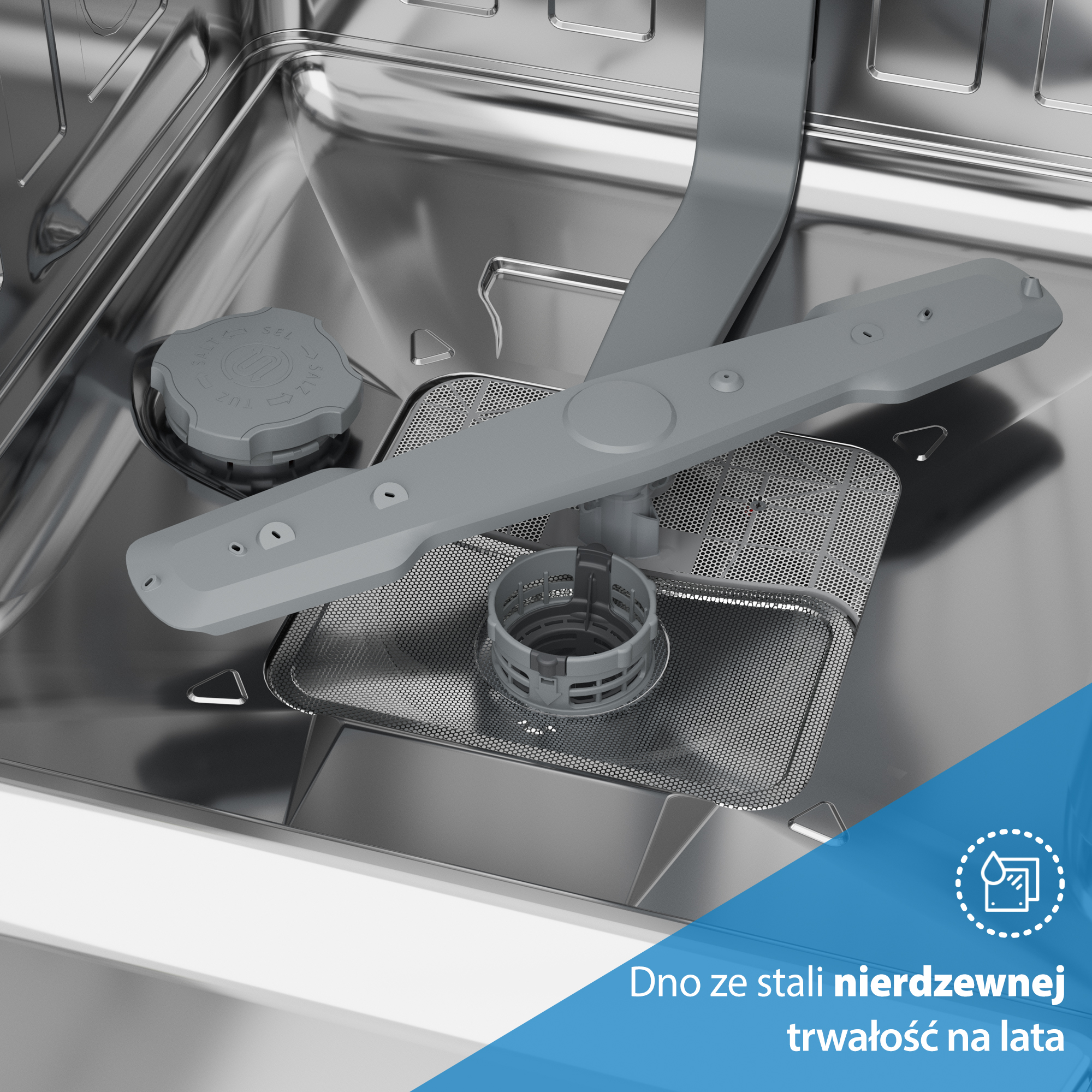 Wnętrze zmywarki: ramiona spryskiwaczy, filtr i pojemnik na sól. Wnętrze ze stali nierdzewnej.