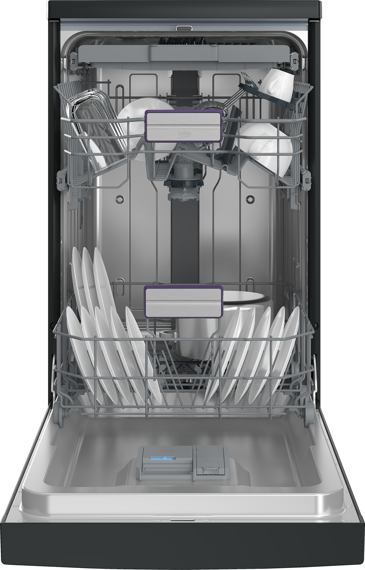 Otwarta zmywarka wypełniona czystymi naczyniami. Widoczne talerze, kubki i sztućce. Wnętrze jest ze stali nierdzewnej.