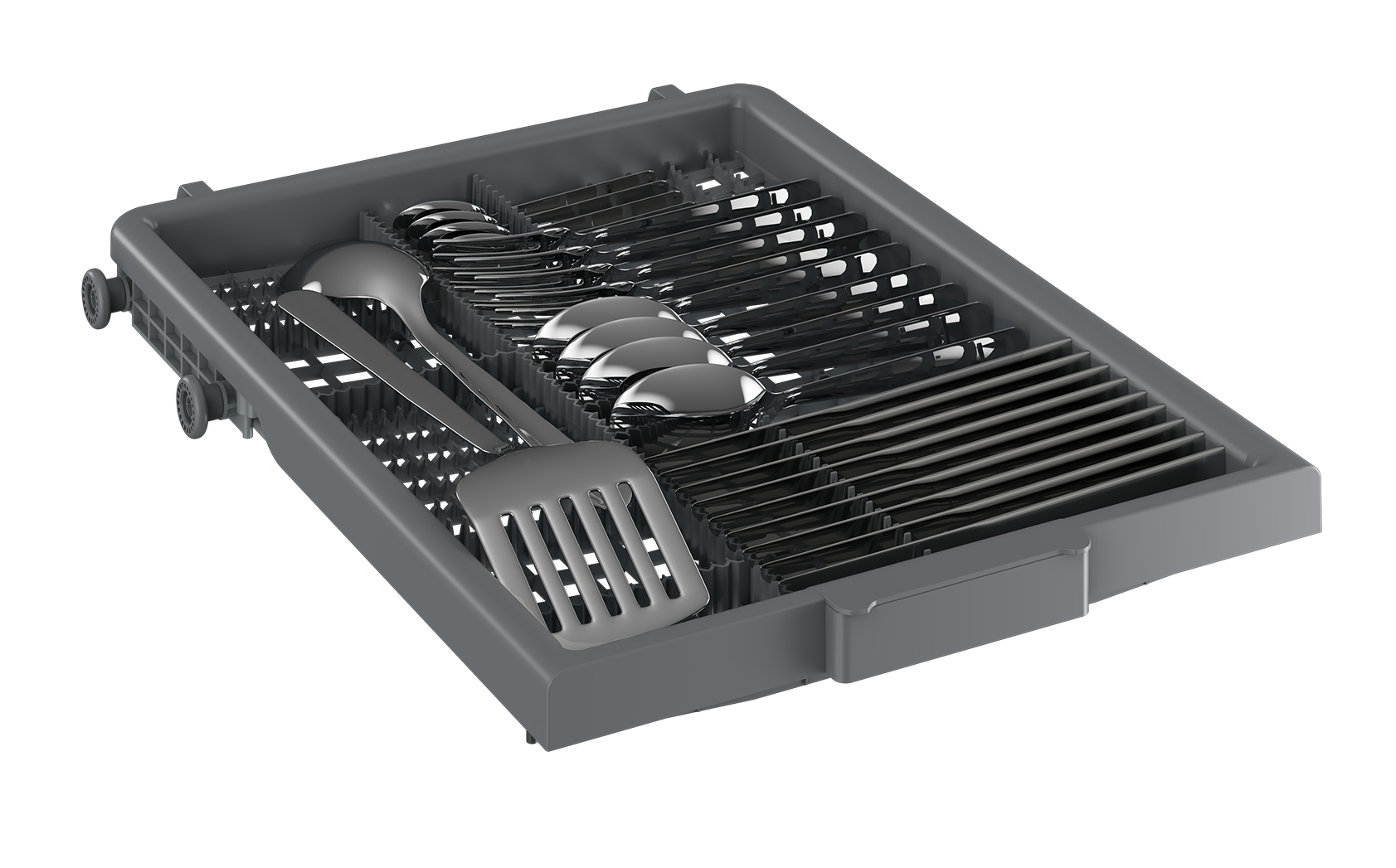 Taca zmywarki wypełniona sztućcami, w tym łyżkami, widelcami i nożami. Widoczna jest szpatułka. Taca jest szara, na czarnym tle.