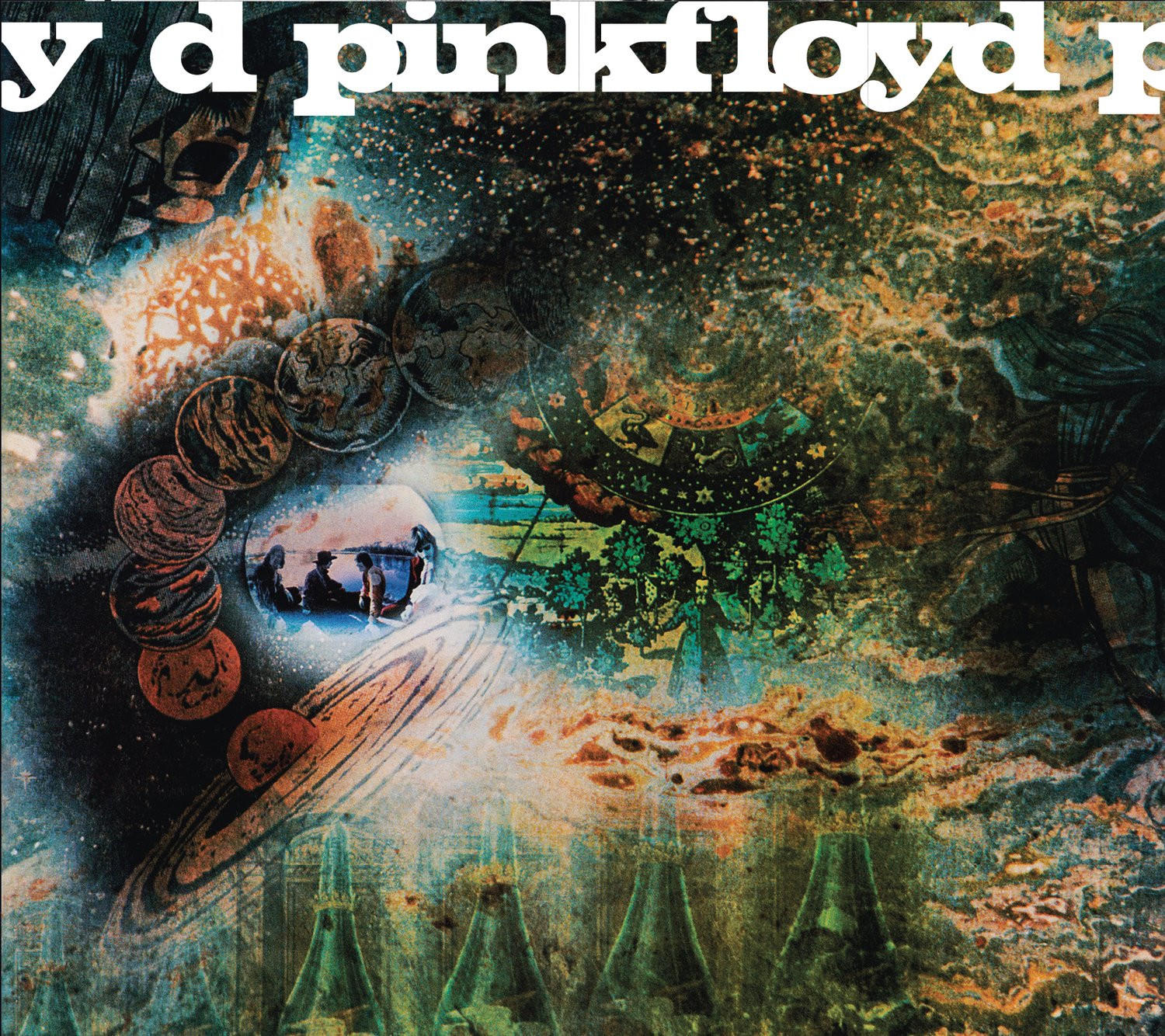 Albumcover-Kunst. Eine Weltraumszene mit Planeten, Figuren und einem psychedelischen Hintergrund. Titel 'Pink Floyd' oben.