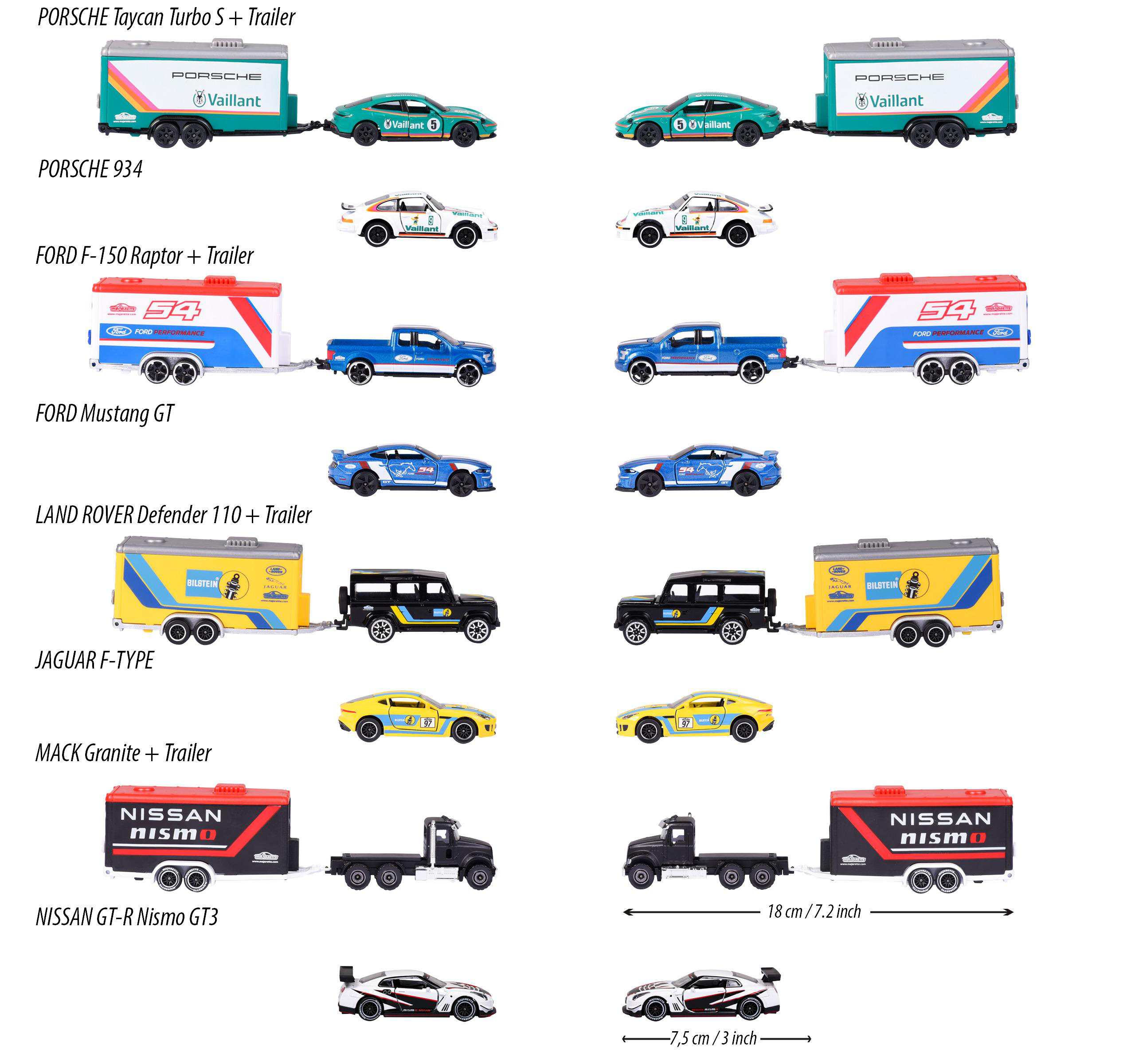 Spielzeugautos: Porsche Taycan, 934, Ford F-150, Mustang, Land Rover, Jaguar, Mack Granite, Nissan GT-R, mit Anhängern.