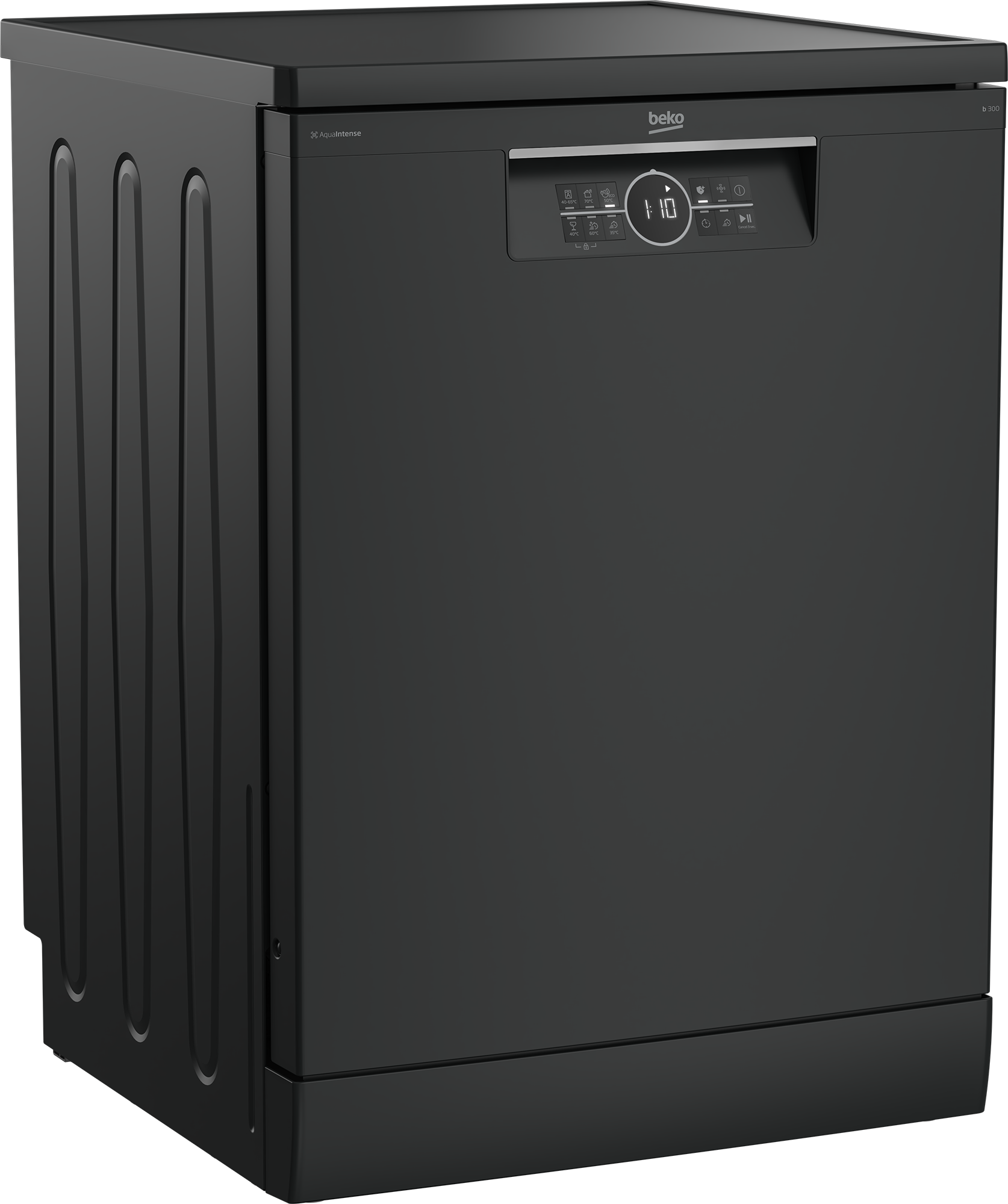 Czarna zmywarka Beko. Posiada cyfrowy wyświetlacz czasu. Przód ma gładką powierzchnię z panelem sterowania.