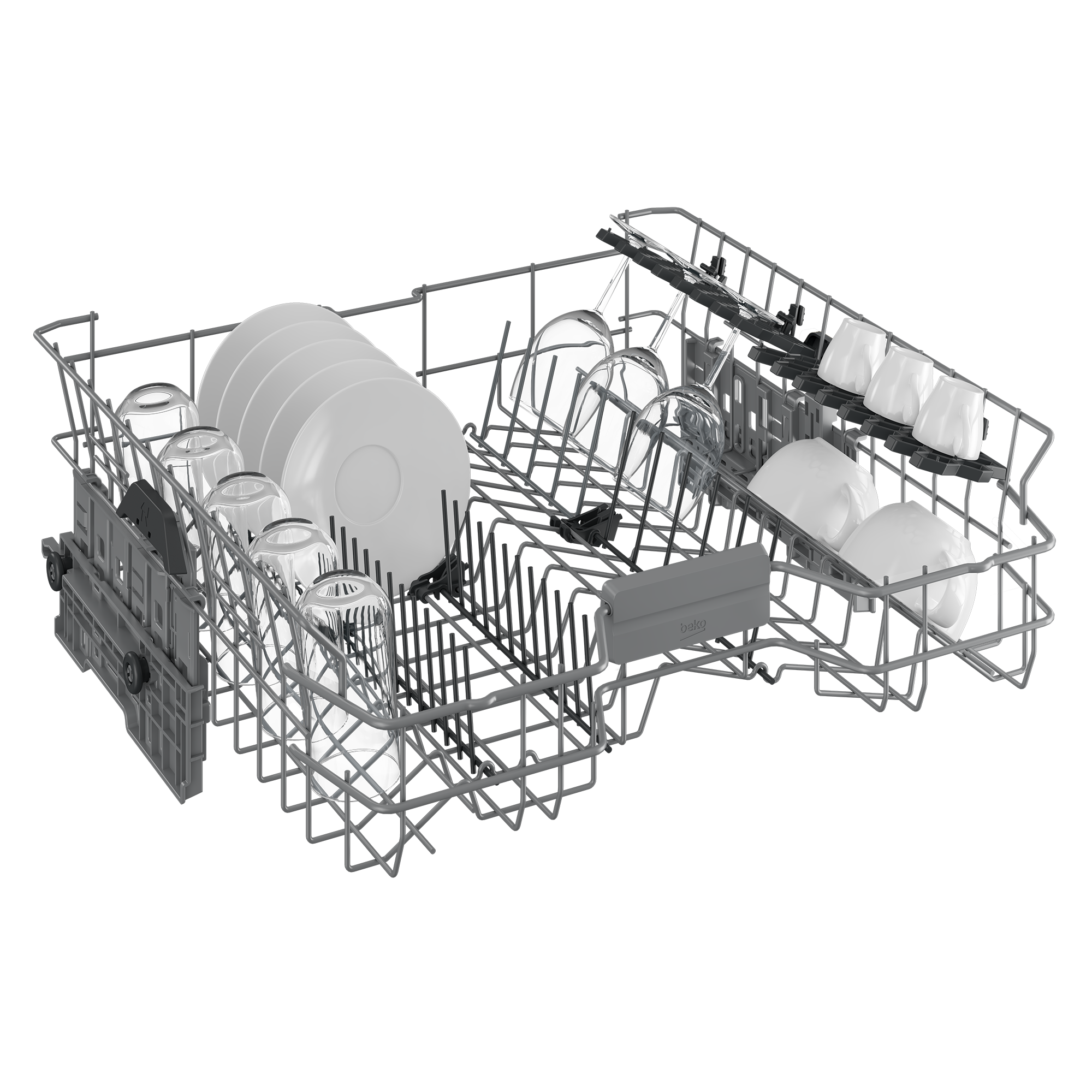 Wnętrze zmywarki z naczyniami i szklankami. Talerze, szklanki i filiżanki ułożone są w metalowych koszach.