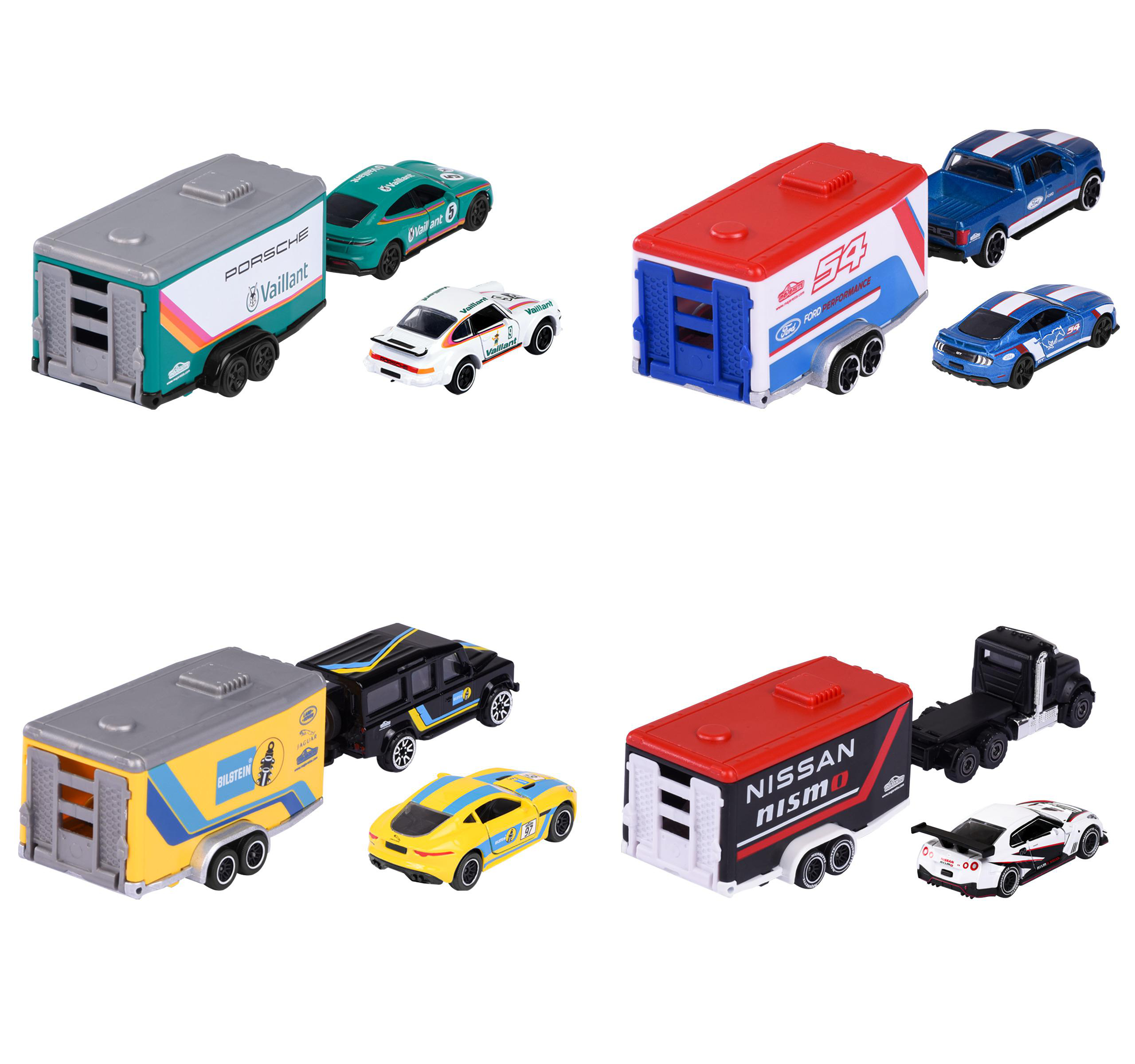 Vier Spielzeug-Autotransporter mit Autos. Anhänger sind grau, rot, gelb und schwarz. Autos sind grün, weiß, blau, gelb und weiß mit schwarzen Akzenten.