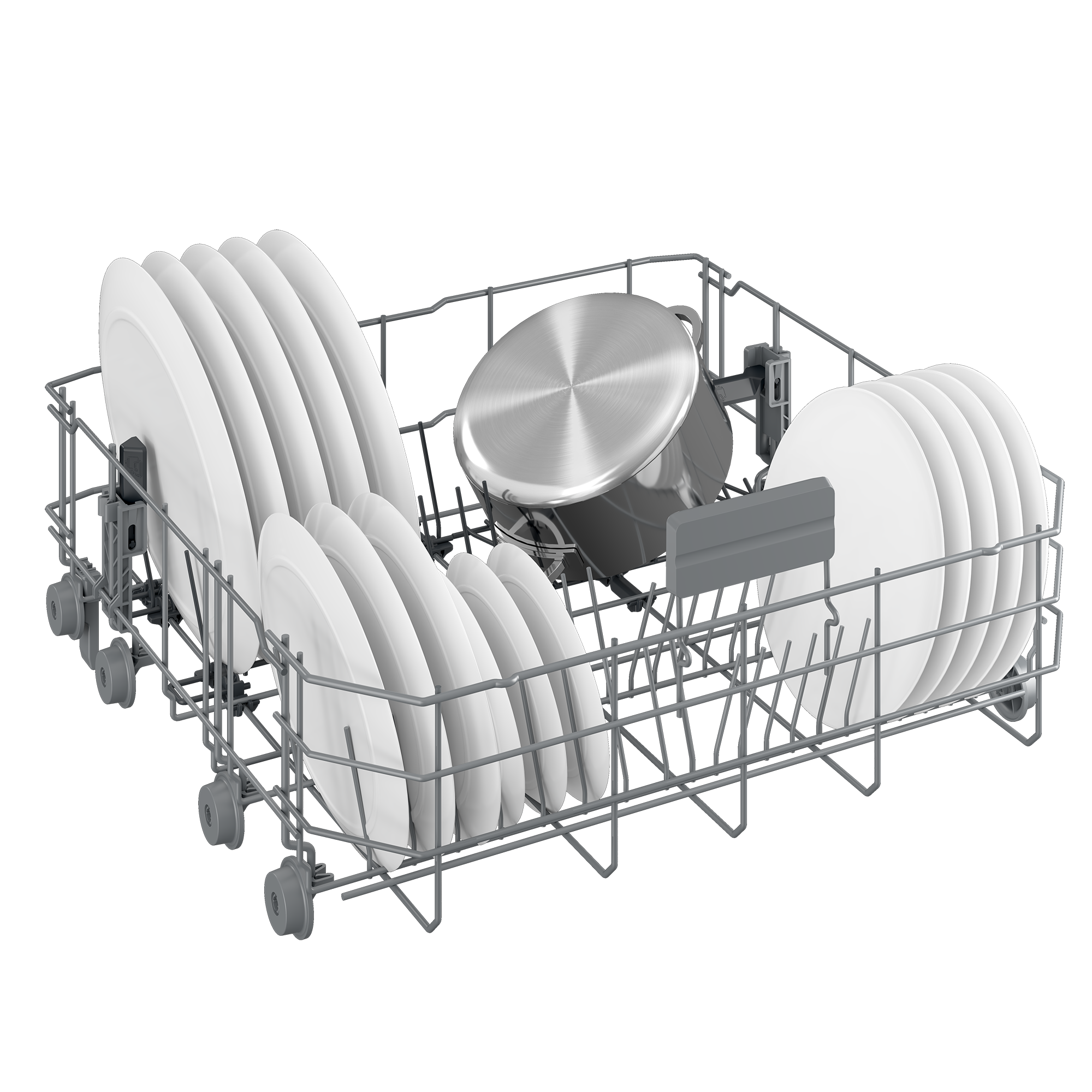 Wnętrze zmywarki z białymi talerzami i garnkiem ze stali nierdzewnej. Stojak mieści naczynia, gotowe do czyszczenia.