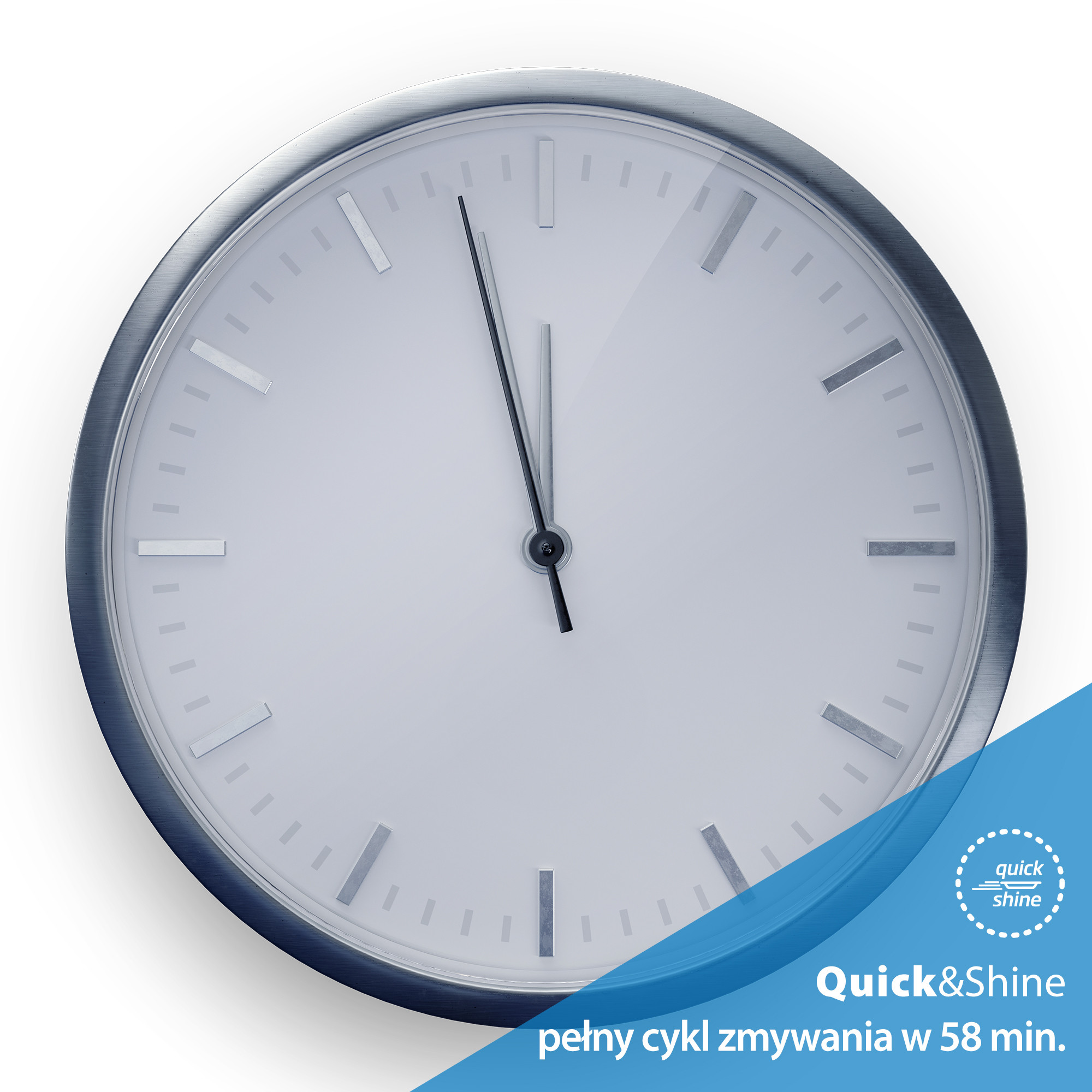 Zegar pokazuje prawie 12. Tło jest białe. Niebieski banner z logo i tekstem Quick&Shine.