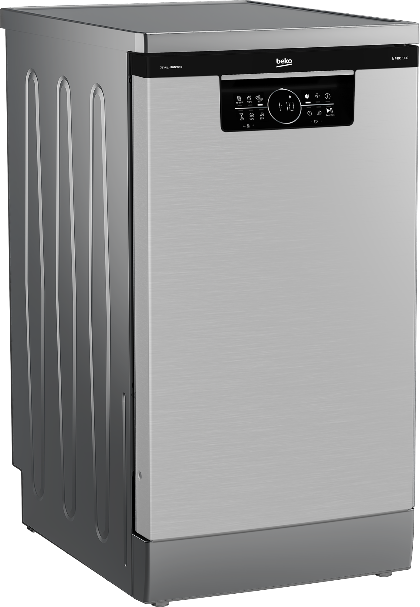 Zmywarka Beko ze stali nierdzewnej. Posiada cyfrowy wyświetlacz i panel sterowania. Drzwi są ze szczotkowanego metalu.